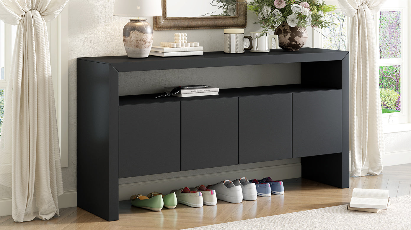 U_Style 60' 4-Door Sideboard, Modern Minimalist Solid Wood Veneer Sideboard with Open Shelf, Natural Wood Grain, Large Capacity Storage Console for Living Room, Hallway, Dining (Black/Natural)