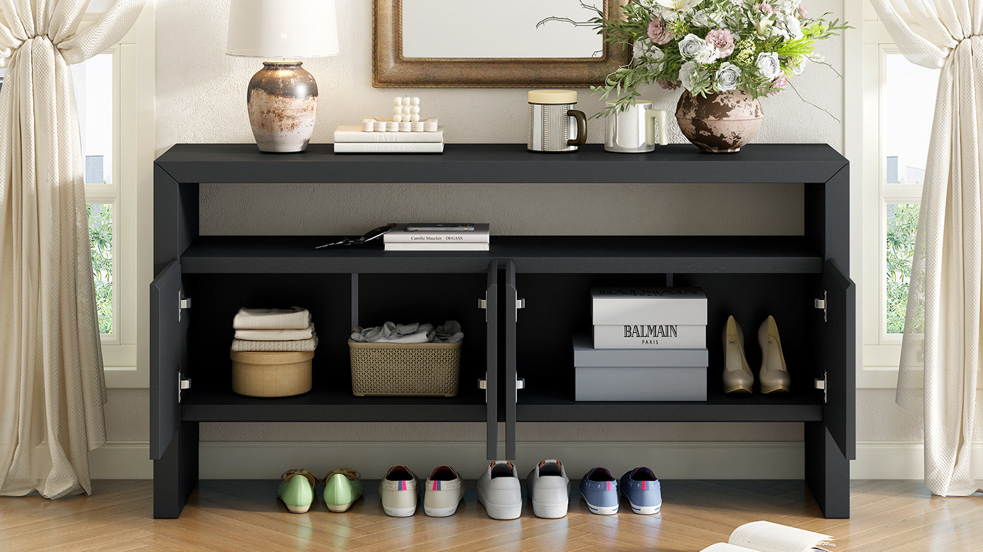 U_Style 60' 4-Door Sideboard, Modern Minimalist Solid Wood Veneer Sideboard with Open Shelf, Natural Wood Grain, Large Capacity Storage Console for Living Room, Hallway, Dining (Black/Natural)