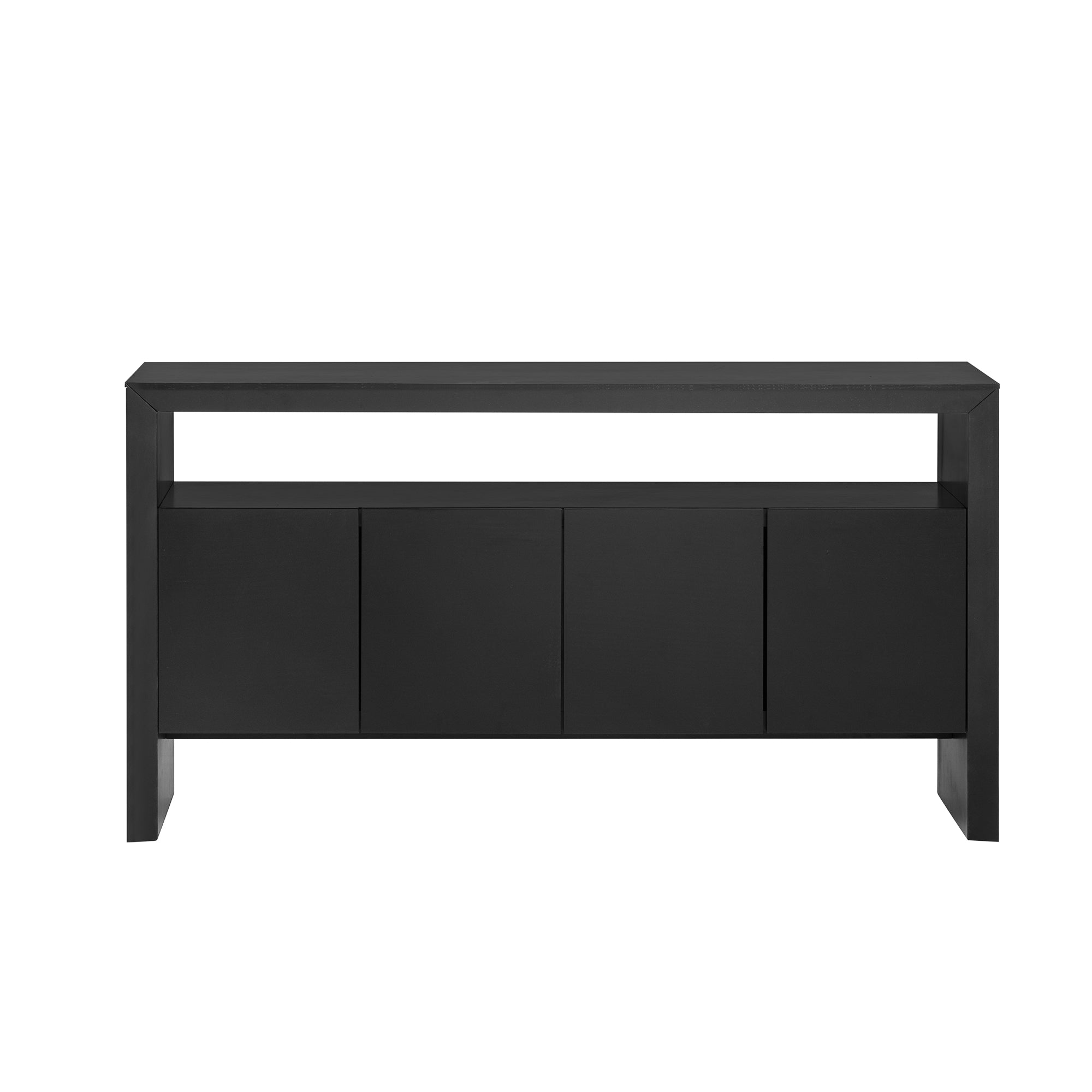 U_Style 60' 4-Door Sideboard, Modern Minimalist Solid Wood Veneer Sideboard with Open Shelf, Natural Wood Grain, Large Capacity Storage Console for Living Room, Hallway, Dining (Black/Natural)