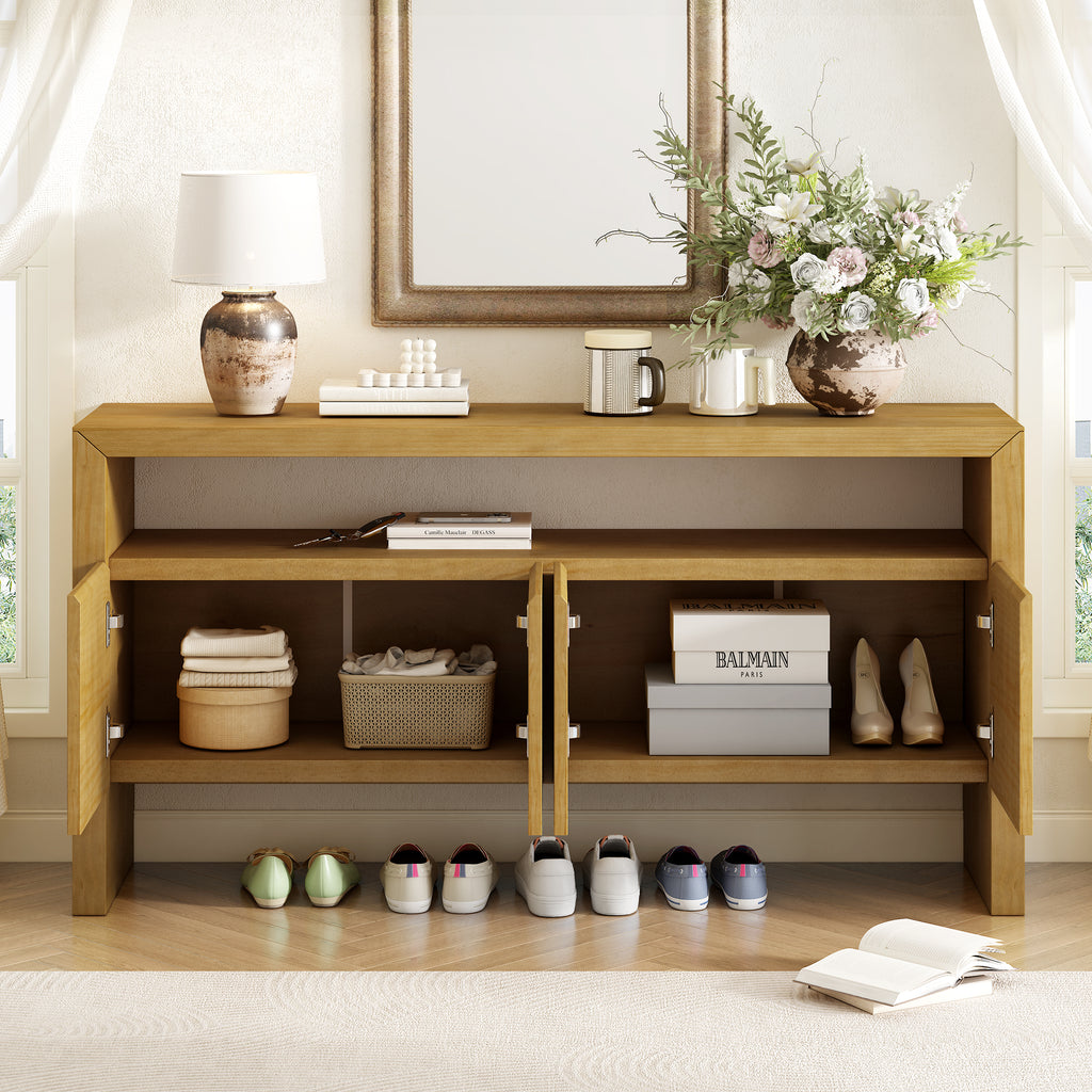 U_Style 60' 4-Door Sideboard, Modern Minimalist Solid Wood Veneer Sideboard with Open Shelf, Natural Wood Grain, Large Capacity Storage Console for Living Room, Hallway, Dining (Black/Natural)