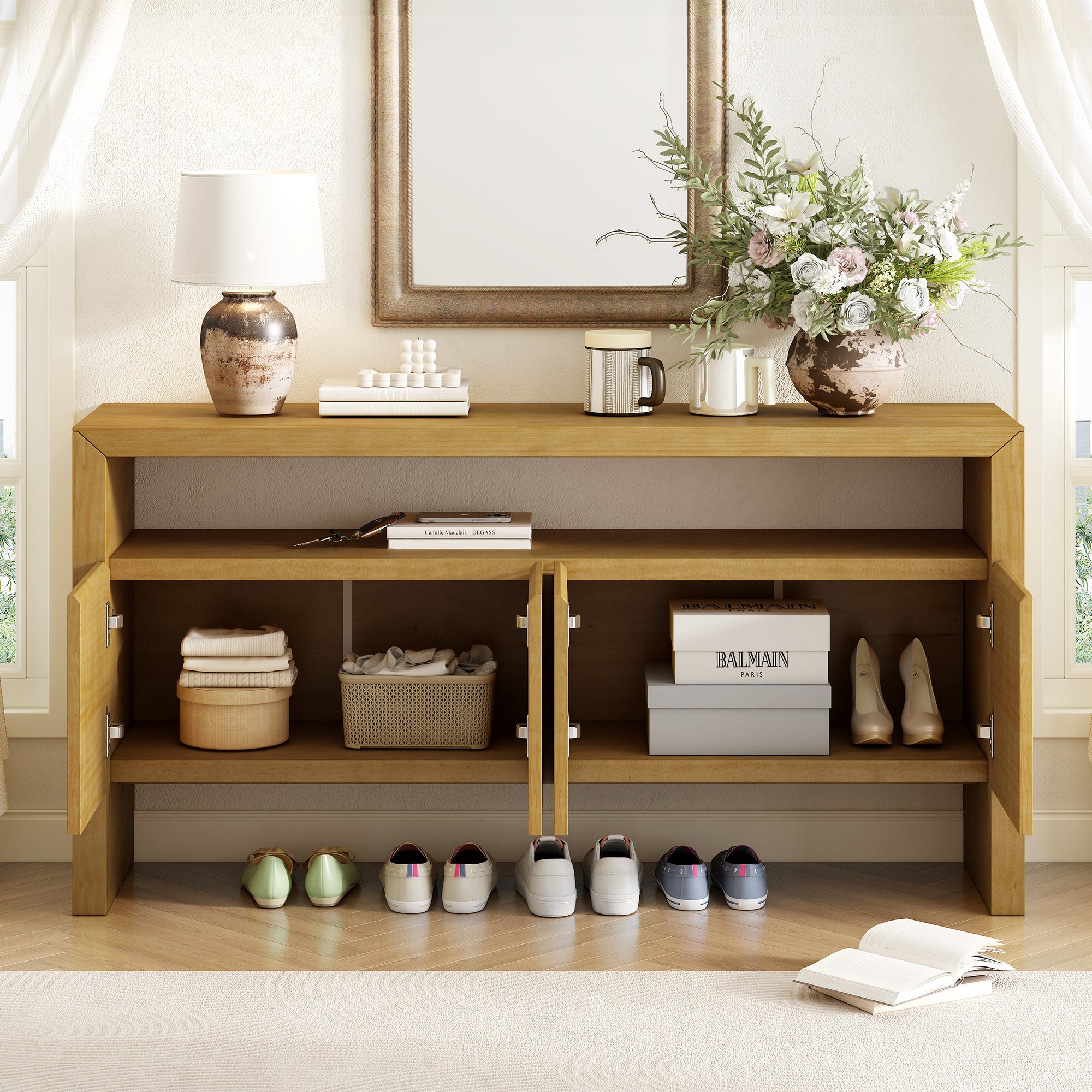 U_Style 60' 4-Door Sideboard, Modern Minimalist Solid Wood Veneer Sideboard with Open Shelf, Natural Wood Grain, Large Capacity Storage Console for Living Room, Hallway, Dining (Black/Natural)