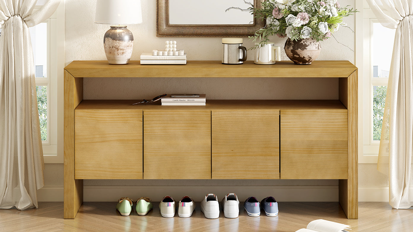 U_Style 60' 4-Door Sideboard, Modern Minimalist Solid Wood Veneer Sideboard with Open Shelf, Natural Wood Grain, Large Capacity Storage Console for Living Room, Hallway, Dining (Black/Natural)