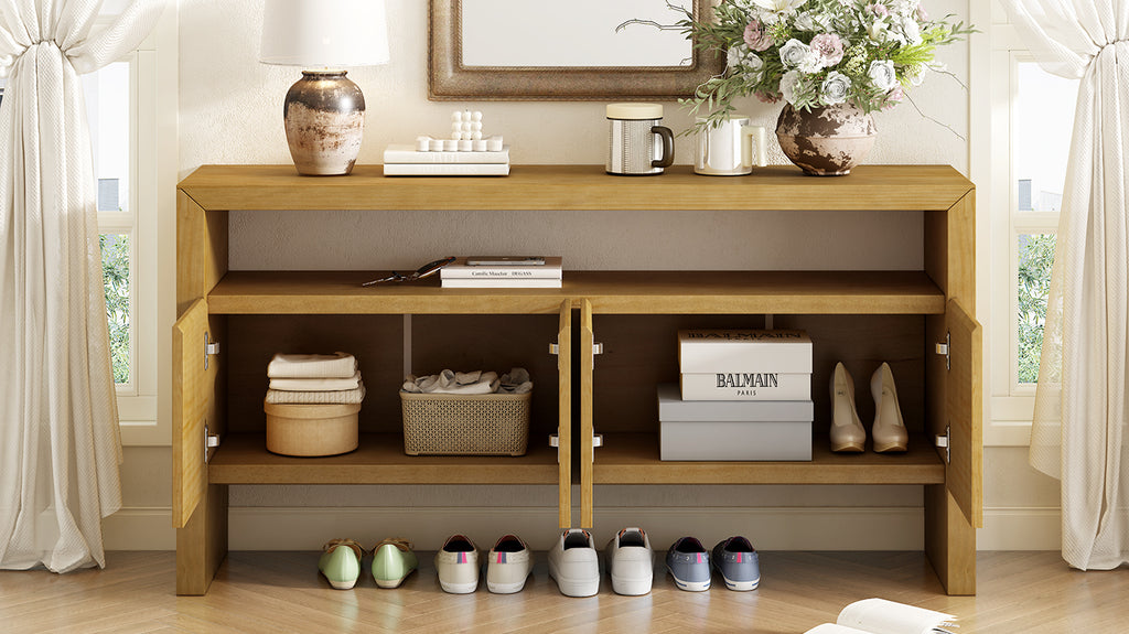 U_Style 60' 4-Door Sideboard, Modern Minimalist Solid Wood Veneer Sideboard with Open Shelf, Natural Wood Grain, Large Capacity Storage Console for Living Room, Hallway, Dining (Black/Natural)