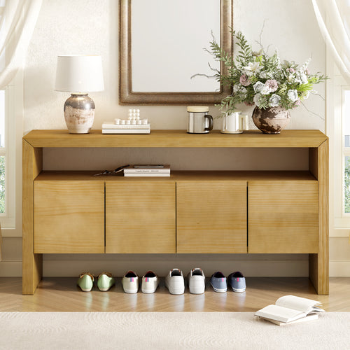 U_Style 60' 4-Door Sideboard, Modern Minimalist Solid Wood Veneer Sideboard with Open Shelf, Natural Wood Grain, Large Capacity Storage Console for Living Room, Hallway, Dining (Black/Natural)