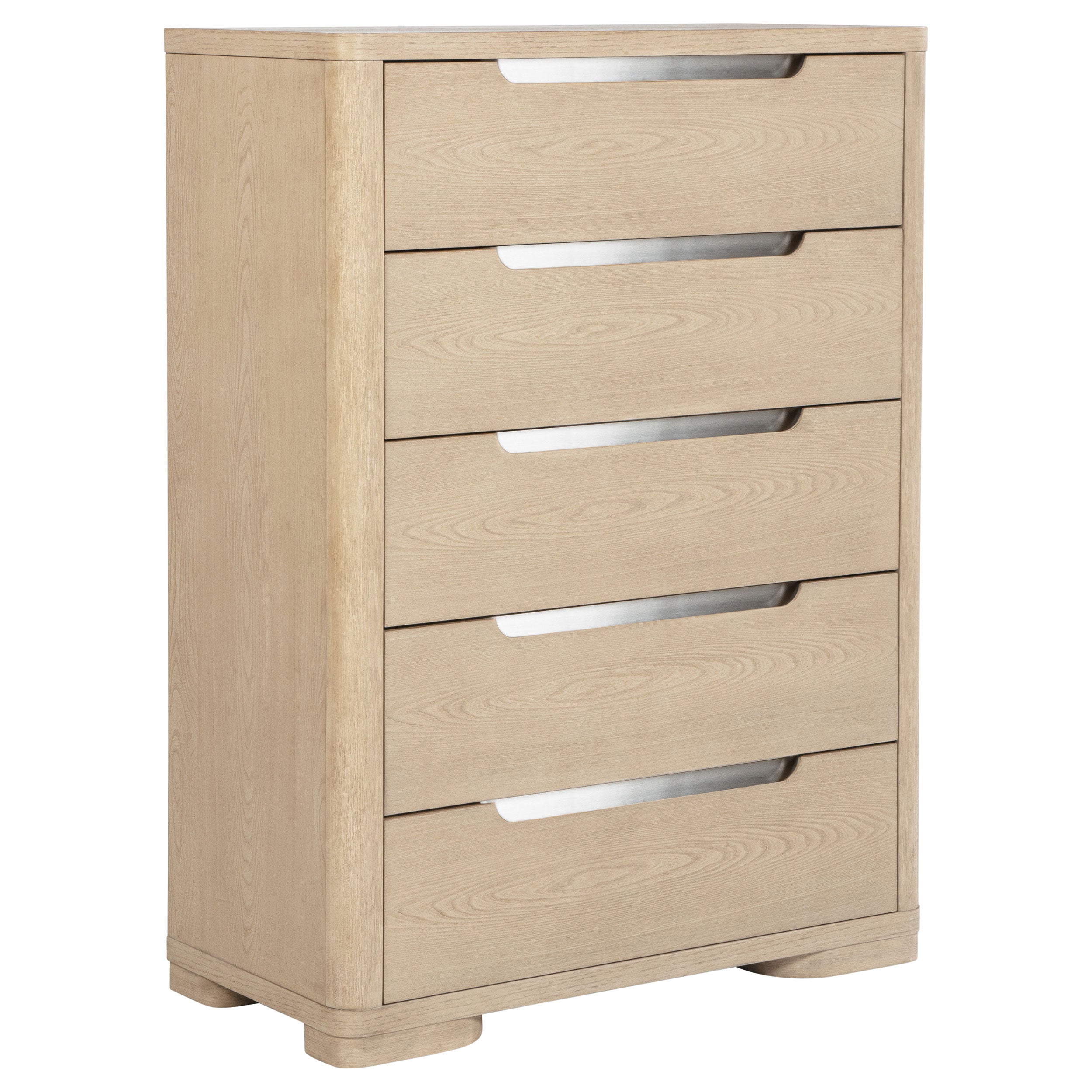 Modern 5-drawer chest in light elm finish with sleek, integrated metal-accented pulls and rounded corner detailing.