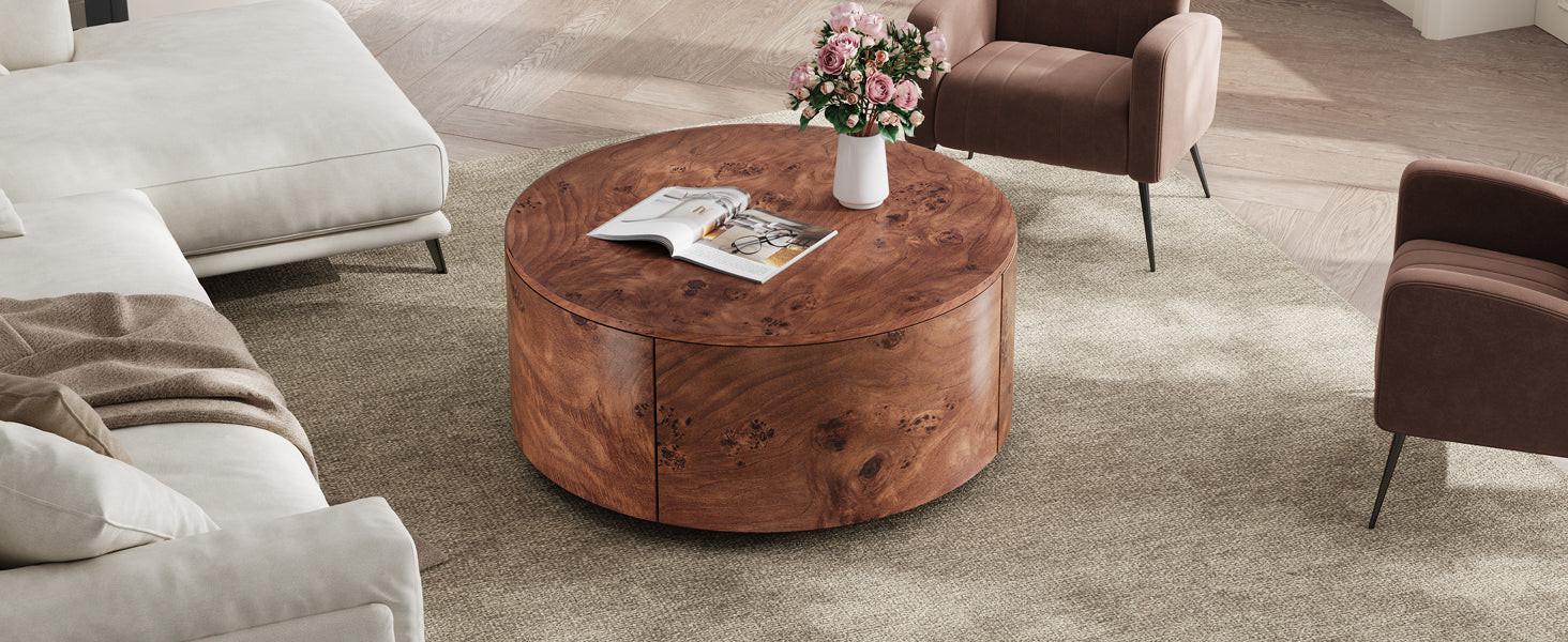 Burl Wood Coffee Table with Drawers - 360° Rotating Top.