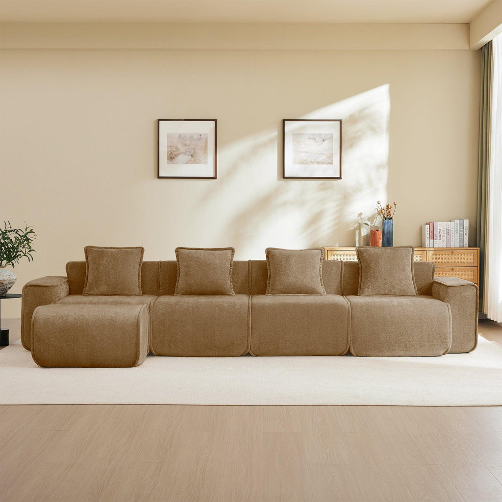 Modular L Shape Sofa: No-Assembly, Velvet Brown 4-Seater.