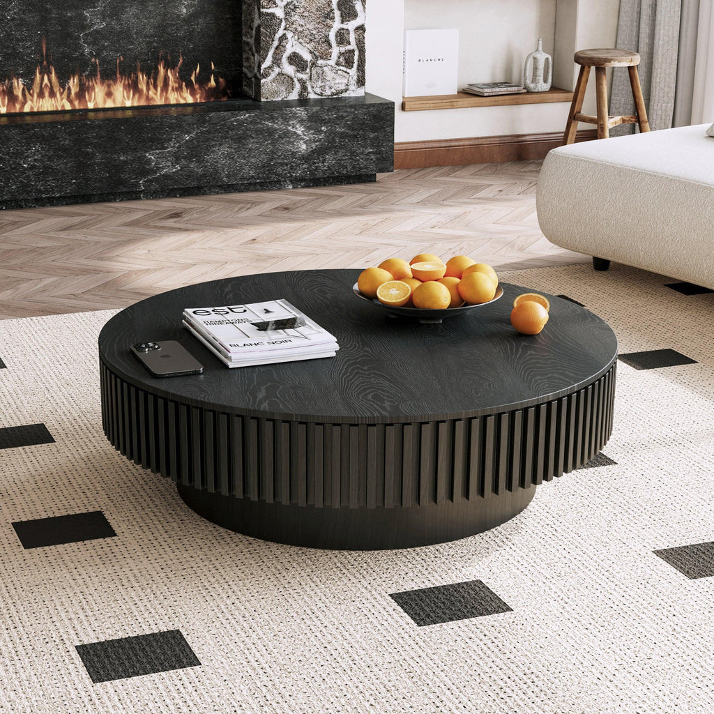 39.37'' Round Coffee Table with Storage Solid Wood Veneered Modern Coffee Table Accent Tea Table for Living Room, Bedroom, Apartment or Office, Black.