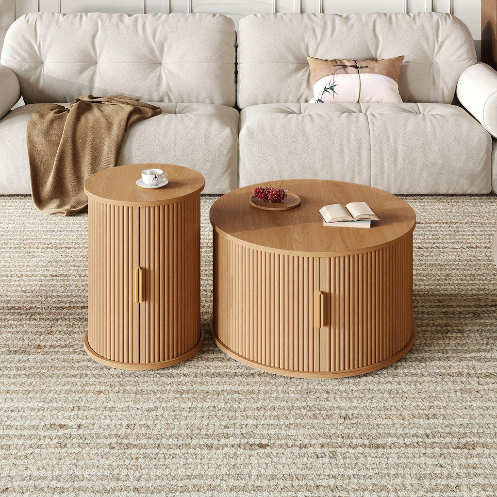 [Assembly Video]Mid-Century Coffee Table Set with Sliding Tambour Door, Round Fluted End Table With Storage, Golden Handle Tall & Low Side Table with Wooden Finish for Living Room, Set of Two ,Natural.