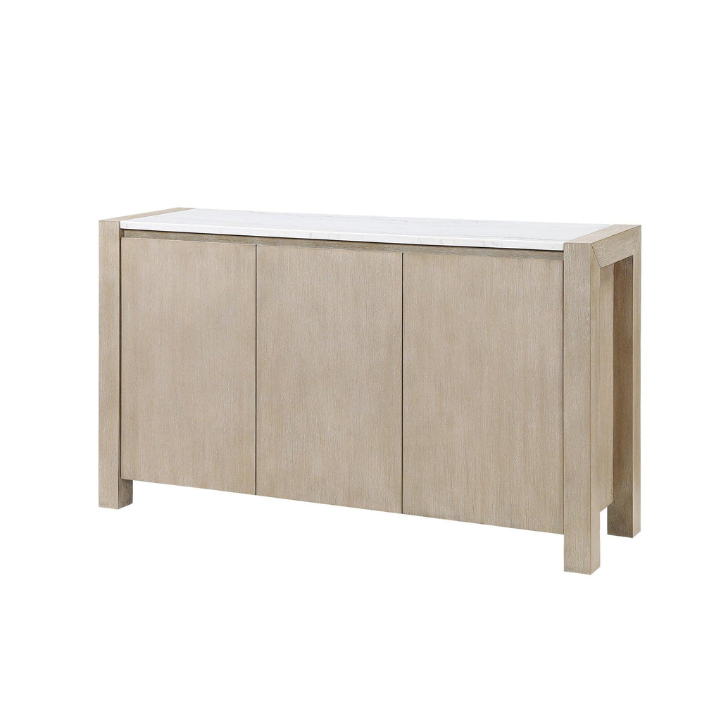Vanilla Farmhouse Storage Buffet with Marble Top in Beige and Light Natural, Solid Wood and MDF Construction, 65.75 x 18 x 36 inches.