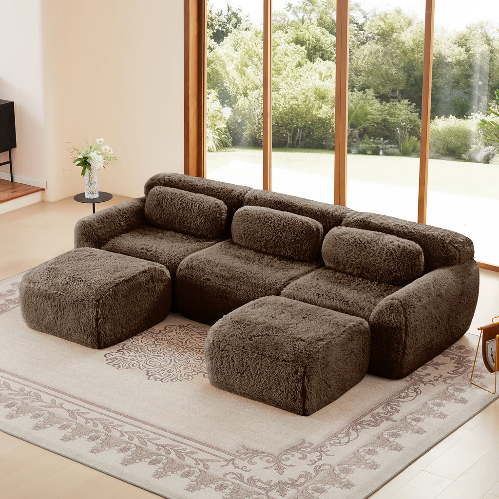 Modular U-shaped sofa in plush chocolate fabric with ergonomic cushions and ottomans, ideal for modern living rooms and seats up to 3 people.