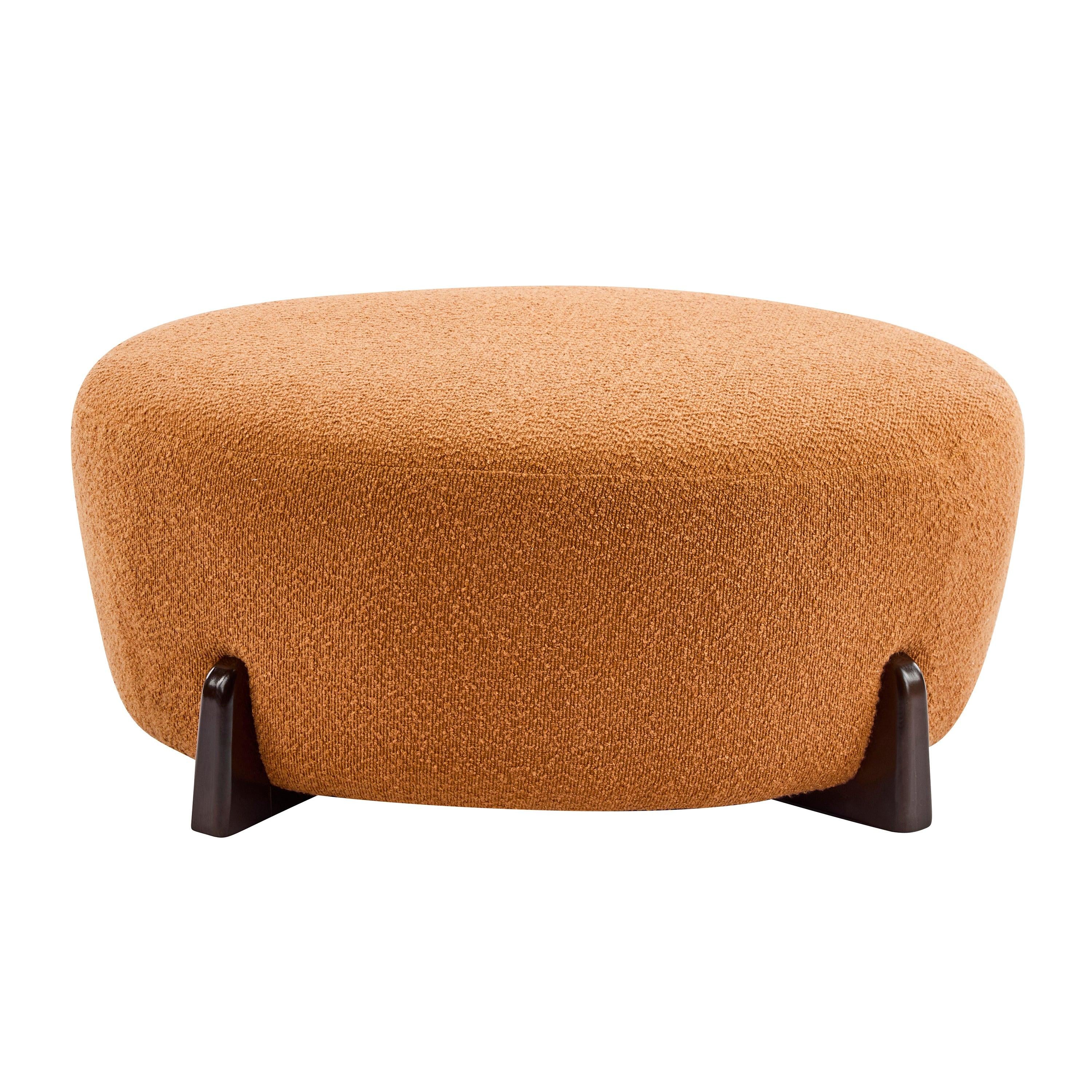 Round Boucle Ottoman with Rubber Wood Legs.