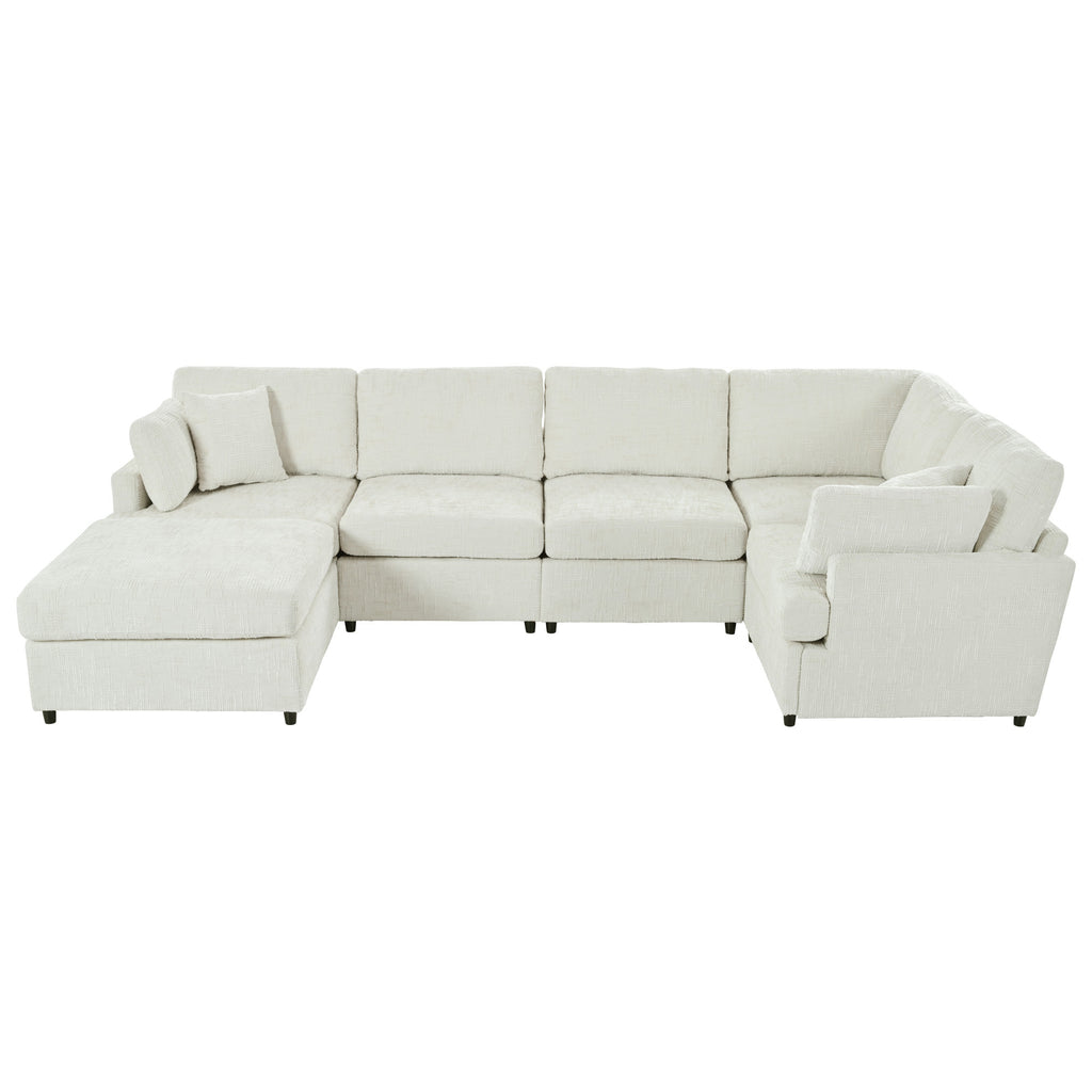 Straight-on view of U-shaped sectional sofa with ottoman, upholstered in soft cream chenille for a modern aesthetic.