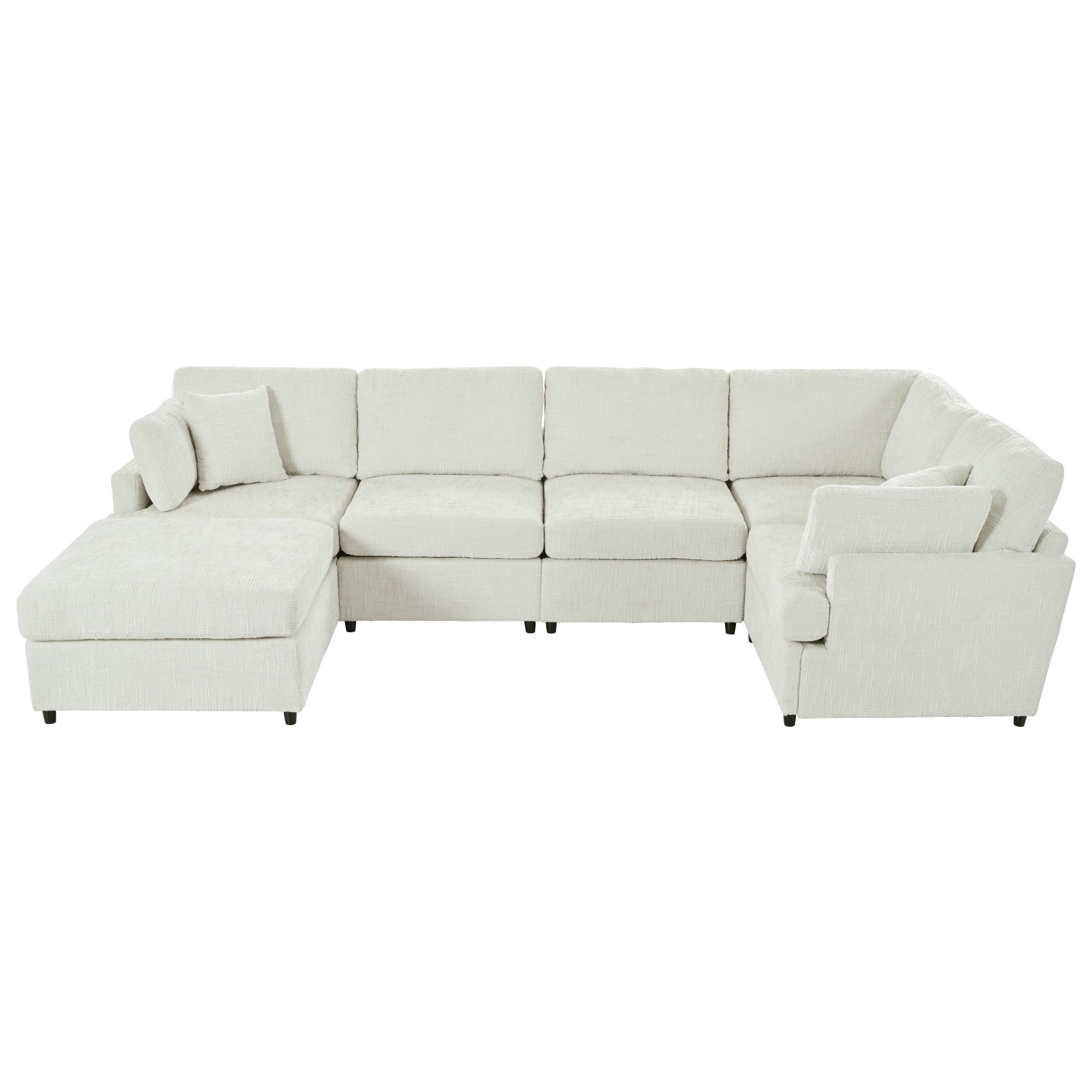 Straight-on view of U-shaped sectional sofa with ottoman, upholstered in soft cream chenille for a modern aesthetic.