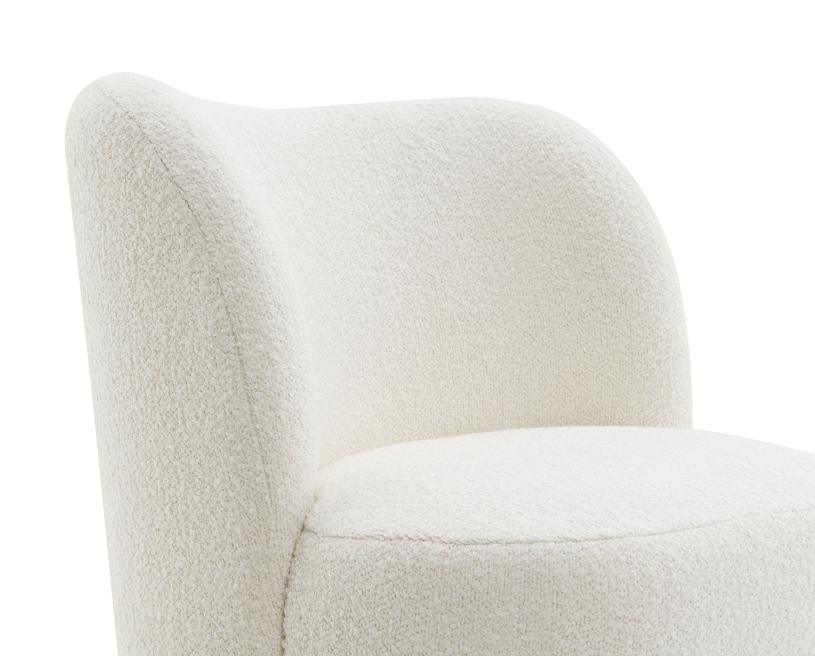 Detail of the curved backrest and plush boucle upholstery on the modern accent chair, showcasing its sculptural design.