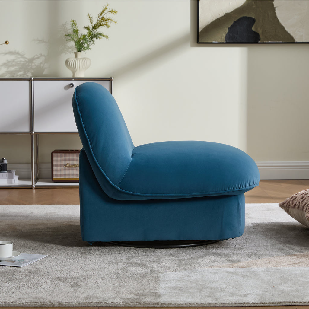 Side profile of velvet swivel accent chair showing thick cushioned seat and armless design on a 360-degree metal base.