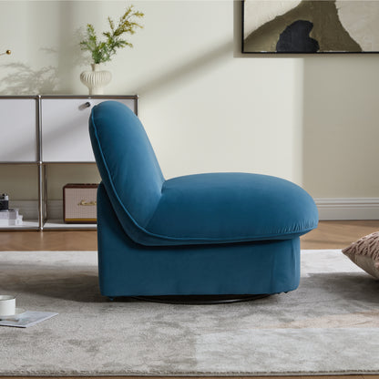 Side profile of velvet swivel accent chair showing thick cushioned seat and armless design on a 360-degree metal base.