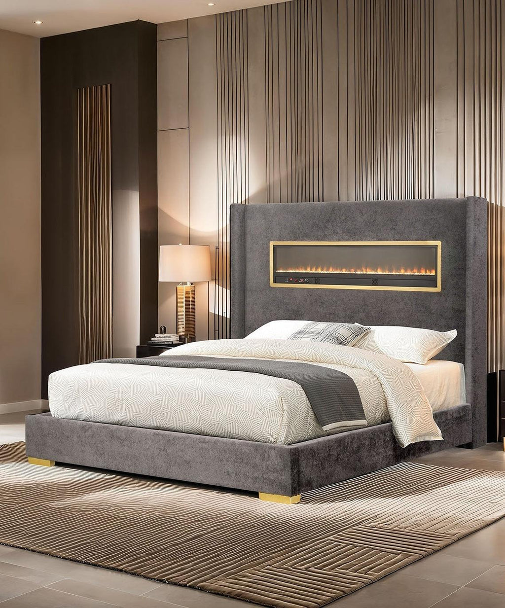 Gray Queen Size Upholstered Bed - Contemporary Style Furniture.