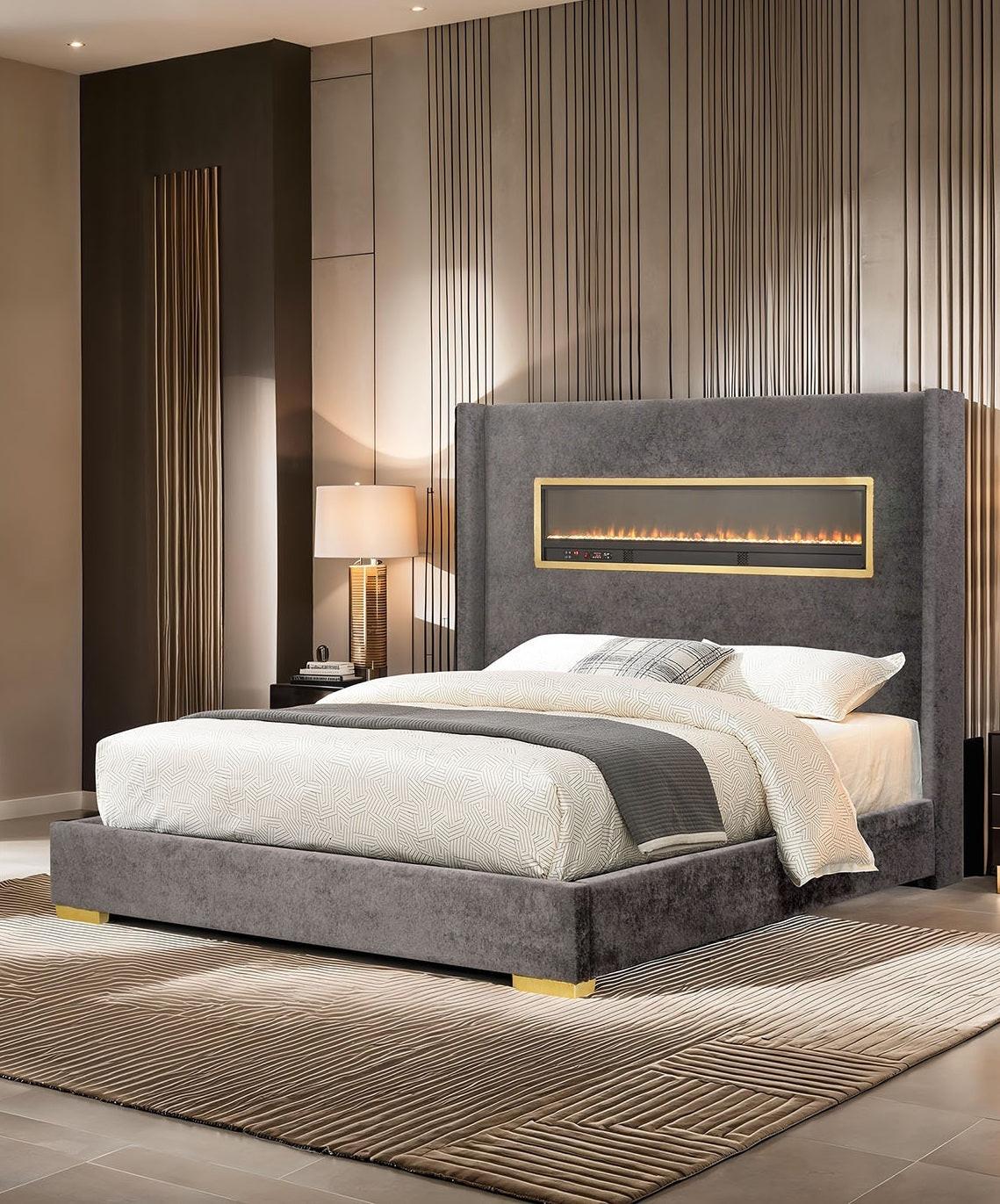 Gray Queen Size Upholstered Bed - Contemporary Style Furniture.