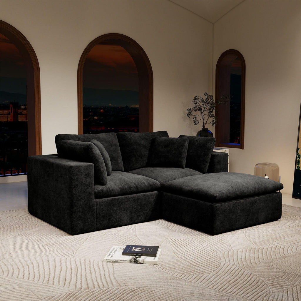 Black Modular Sectional Sofa with Plush Corduroy Fabric.