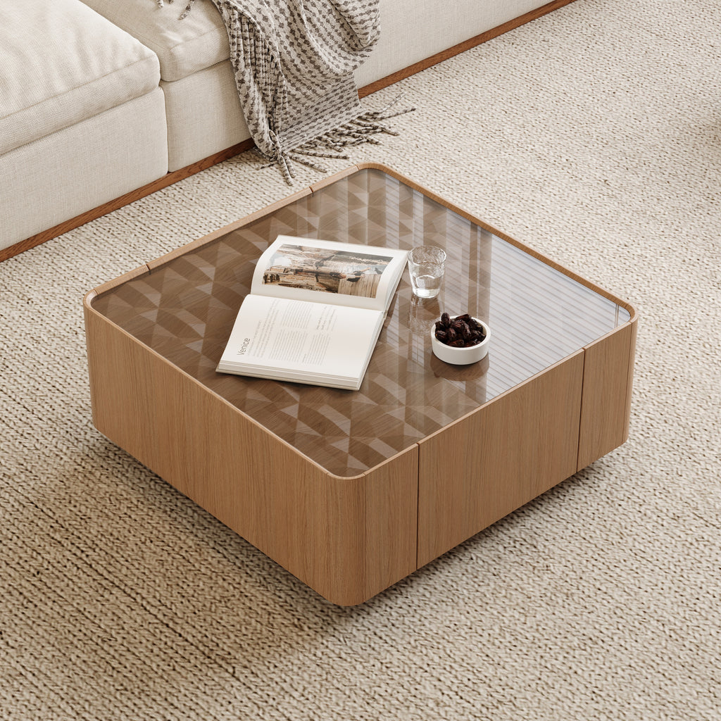 Modern square walnut coffee table with a glass top featuring a geometric pattern and integrated storage drawers.