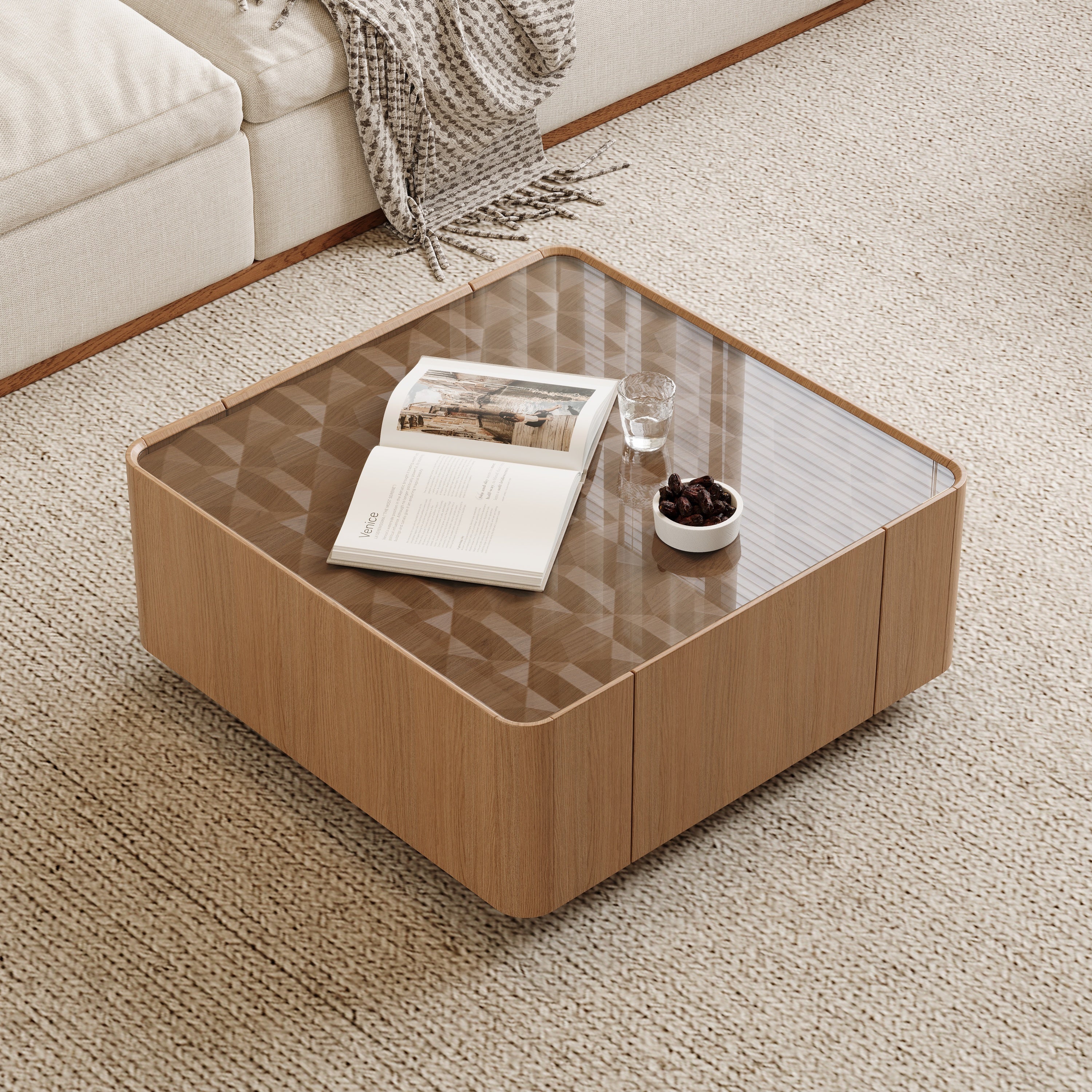Modern square walnut coffee table with a glass top featuring a geometric pattern and integrated storage drawers.