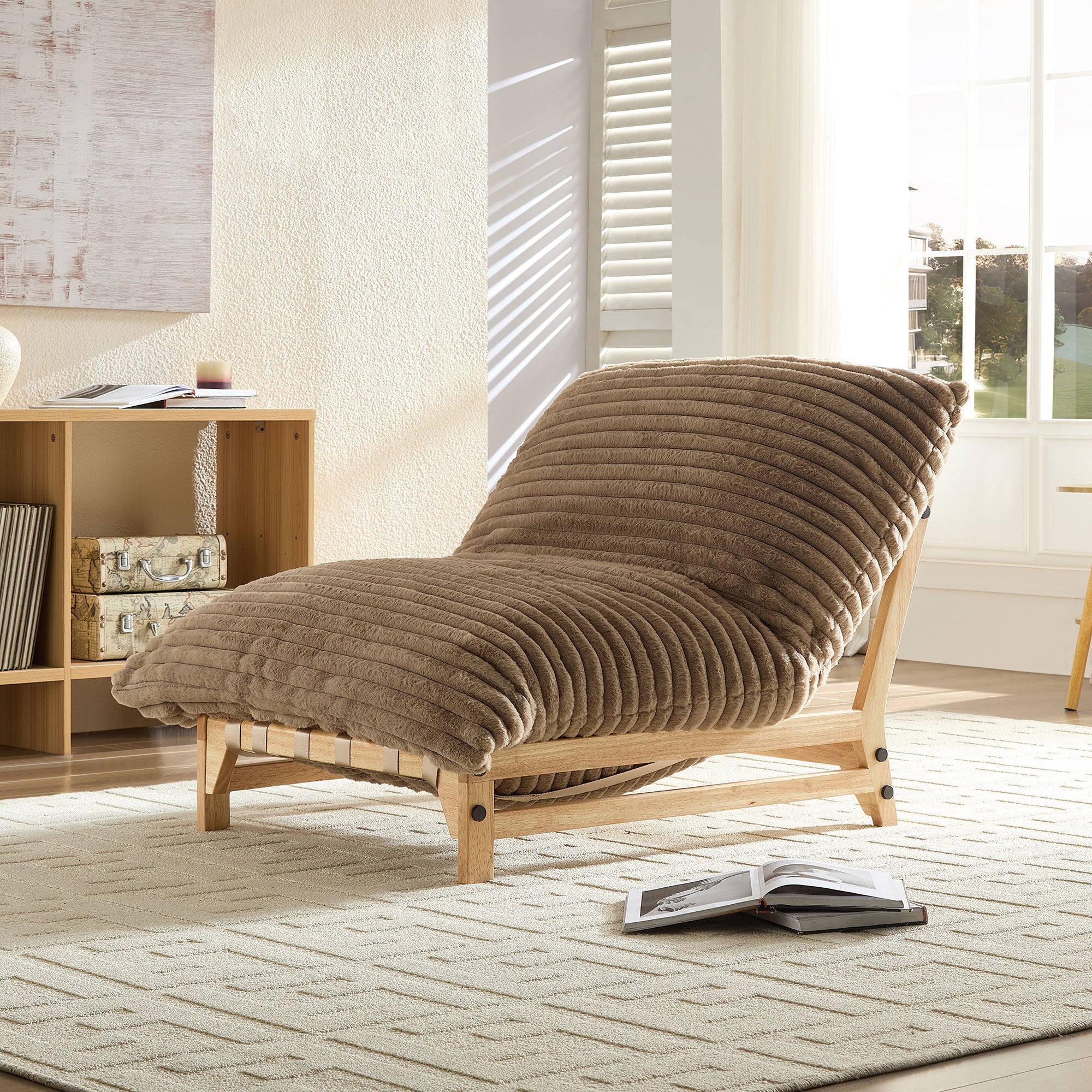 Corduroy lounge chair in a bright living room setting, offering a cozy and stylish seating solution with soft cushioning.
