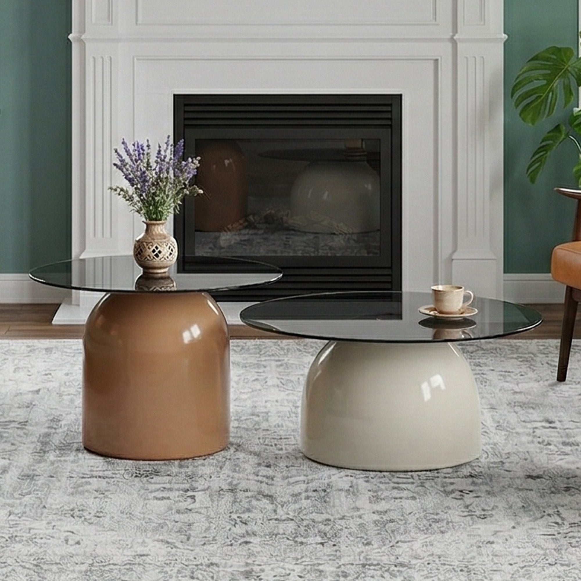 Grey and Brown Nesting Coffee Table Set with Glass Top and Metal Base