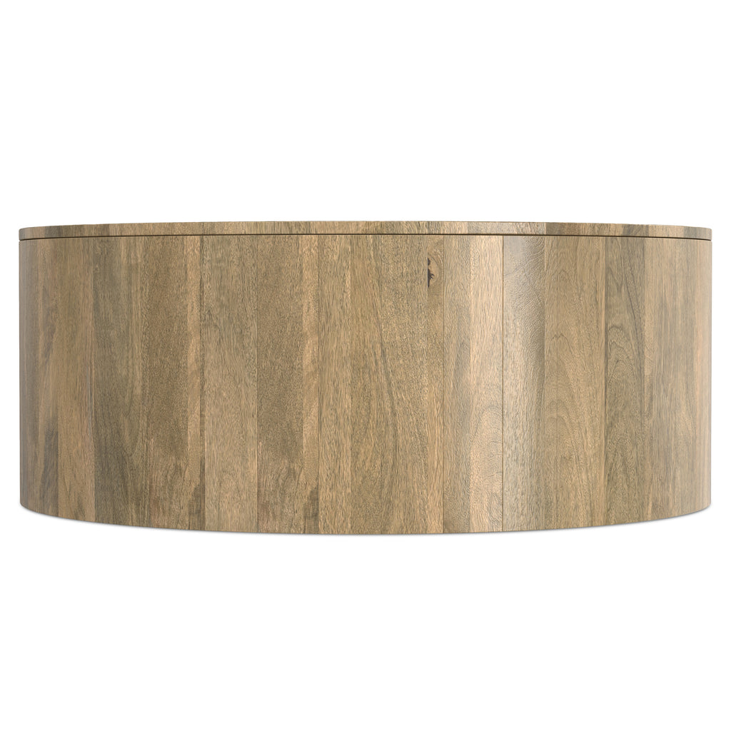 Side profile of the Millbury Drum Coffee Table - Wood, featuring a clean, modern silhouette and rich mango wood finish.