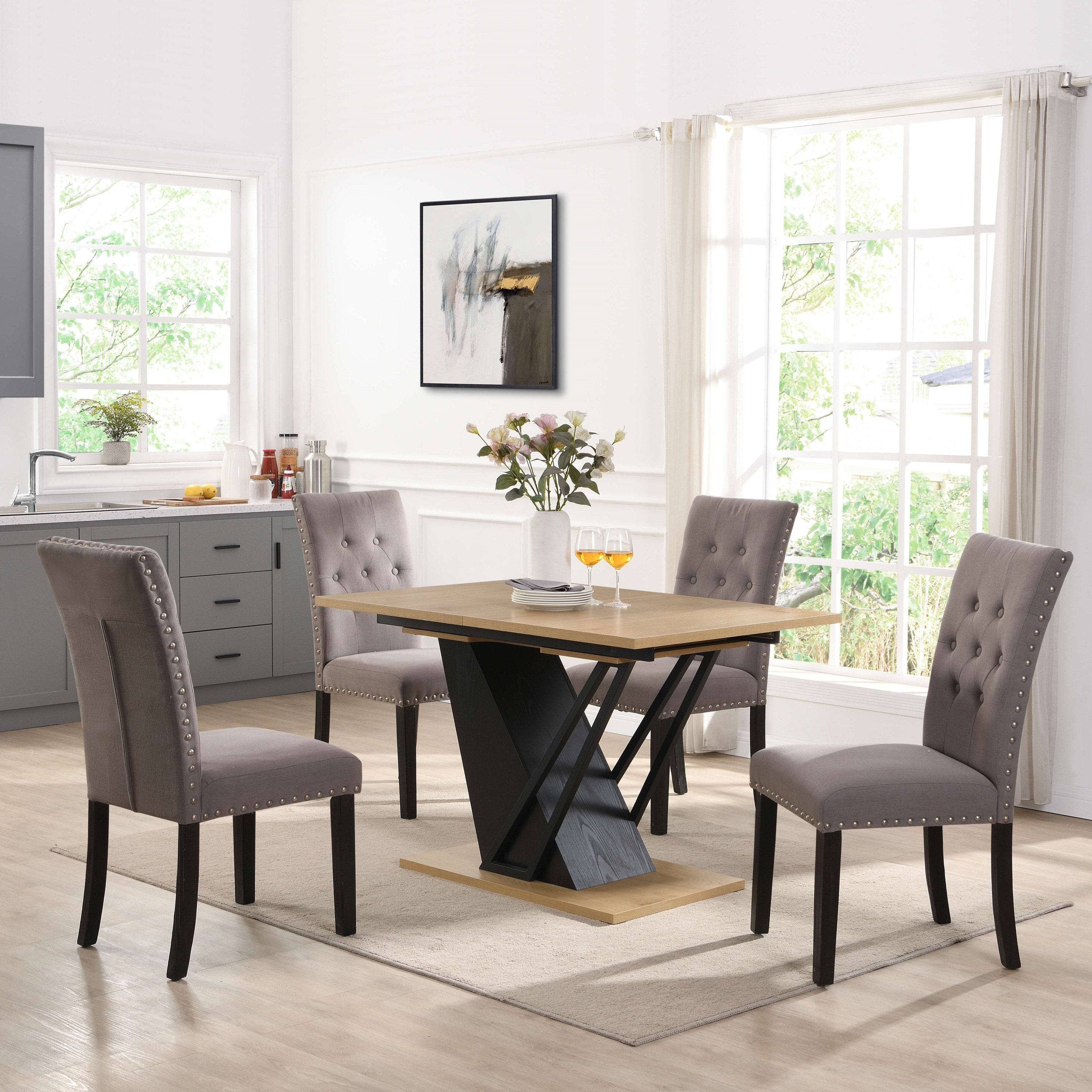 61.81 (46.46) inch Extendable Dining Table, Modern Geometric Rectangular Table with Sturdy Metal Frame and MDF base, Adjustable Wooden Tabletop for Home Kitchen, Dining Room, and Office Spaces - Groovy Boardz