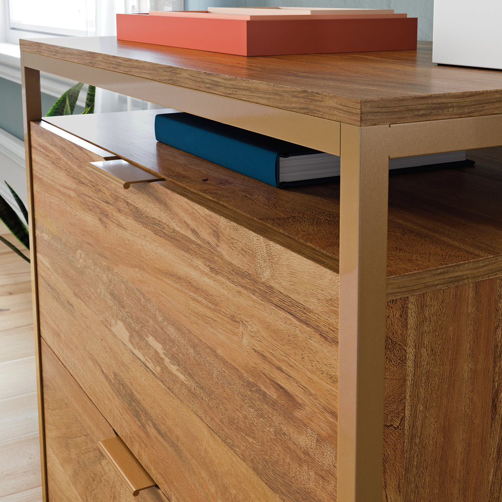 Top view of brown lateral file cabinet with open shelf and decorative items, showcasing functional and stylish office storage.