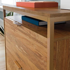 Top view of brown lateral file cabinet with open shelf and decorative items, showcasing functional and stylish office storage.