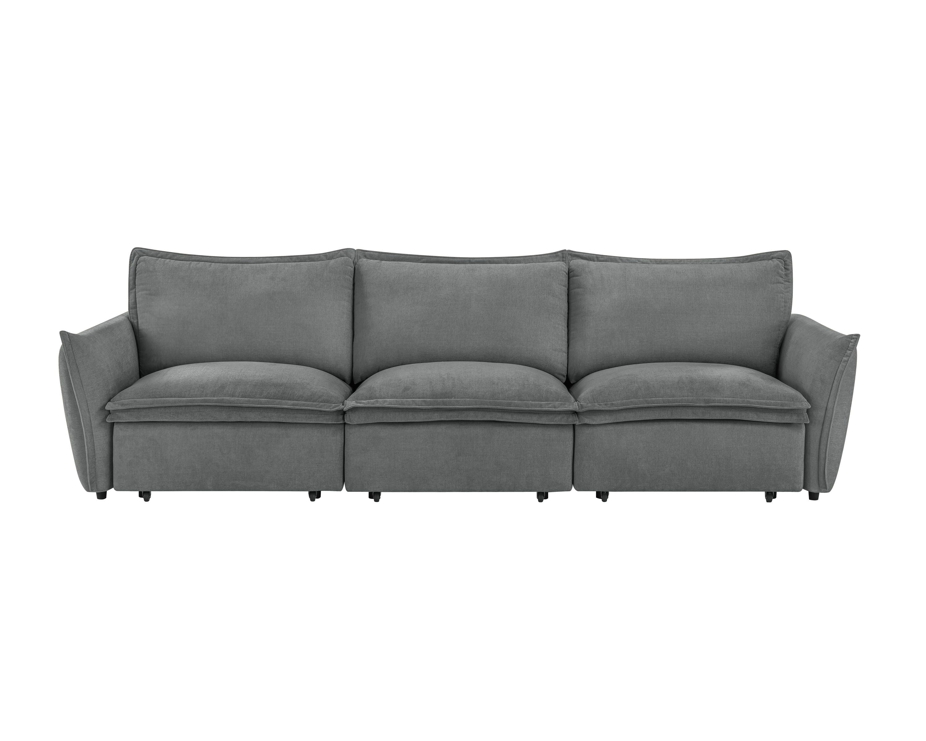 Front view of Gray Chenille Sleeper Sofa - Eaden Power Sofa featuring three-seat design and plush back cushions.