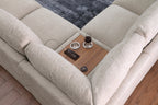 Top view of center console on beige chenille sectional sofa with wood tray, cupholders, and USB charging port.