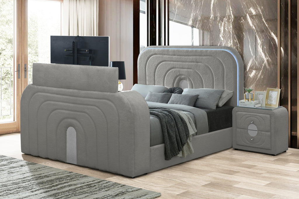 Gray Teddy Sherpa Queen Bed with LED & Bluetooth.