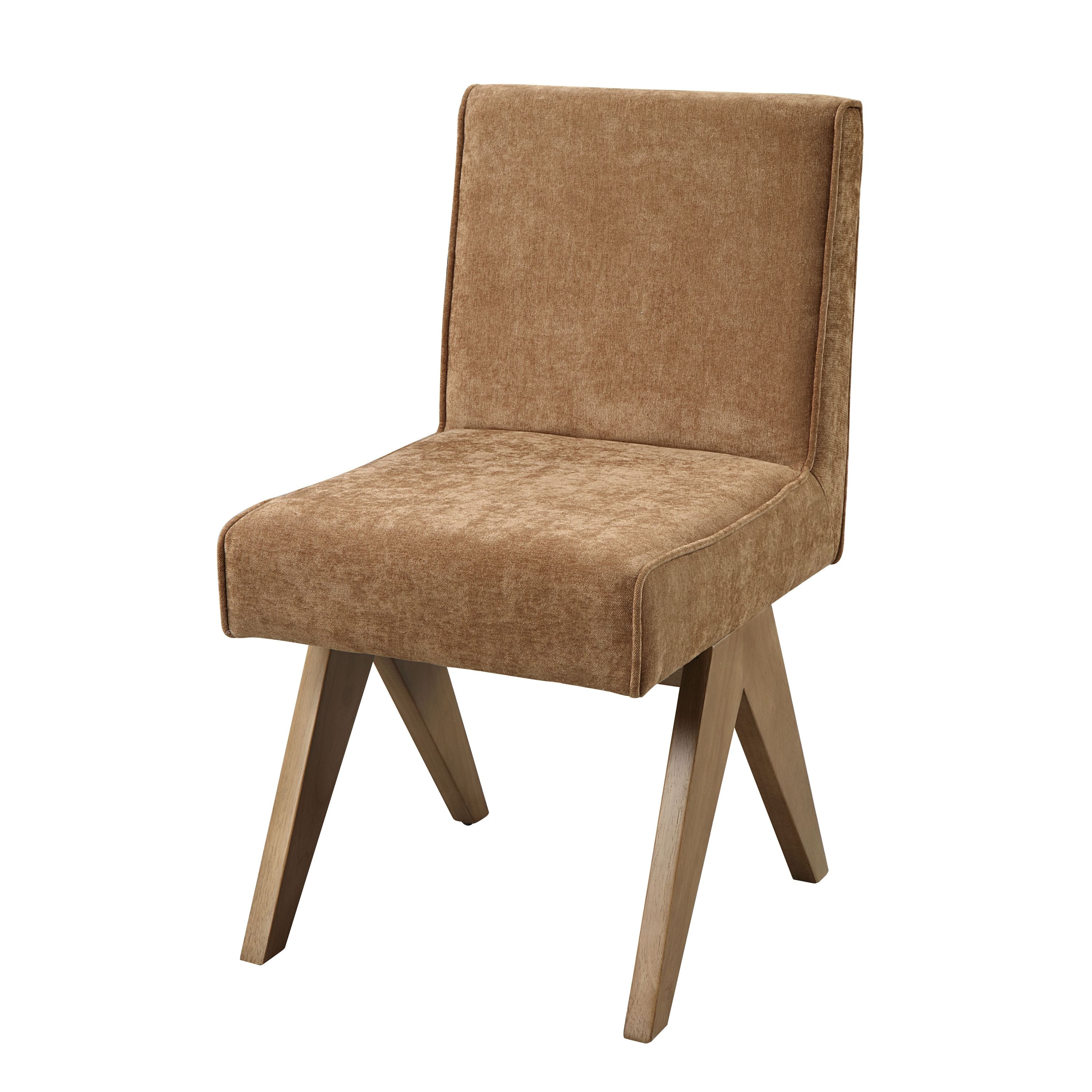 Chenille & Oak Side Chair with chocolate chenille upholstery and angled oak legs. Elegant dining chair with padded seat and backrest.