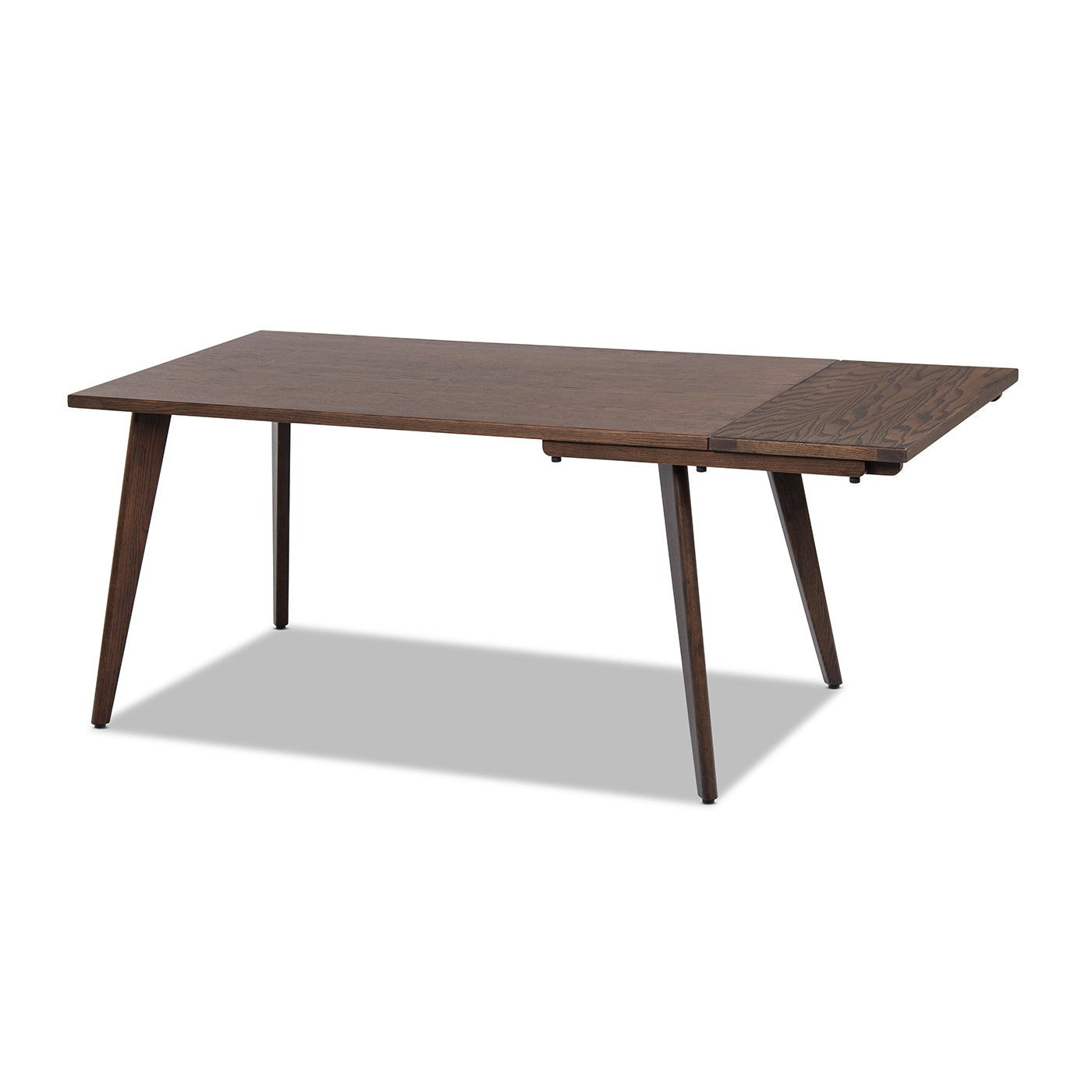 Oak Extendable Dining Table with one leaf extended, showing flexible seating options and rich dark brown wood texture.