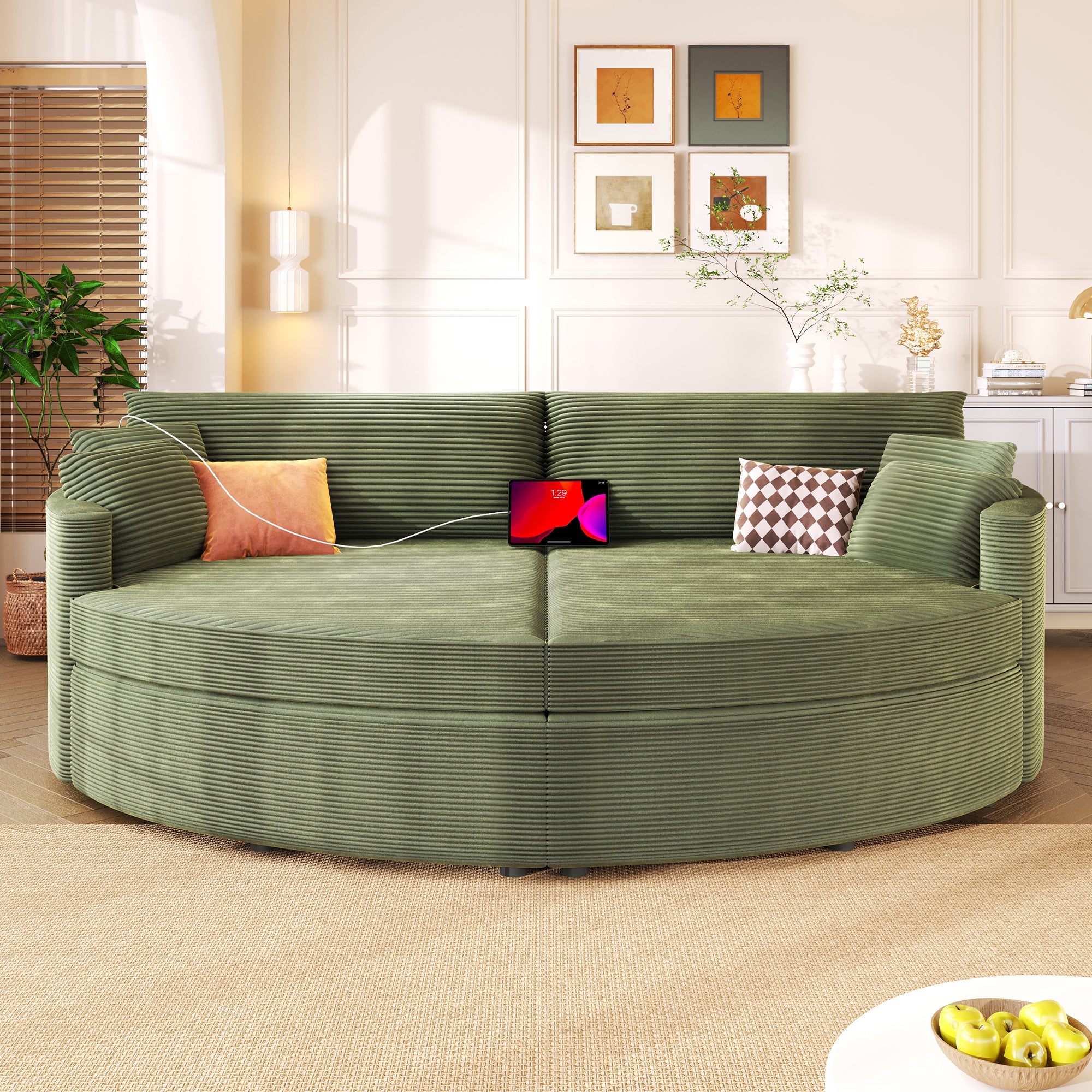 Green Oversized Double Chaise Lounge Sofa with Upholstered Corduroy Fabric, Deep Seat, USB Ports, and Removable Pillows – 102.3'