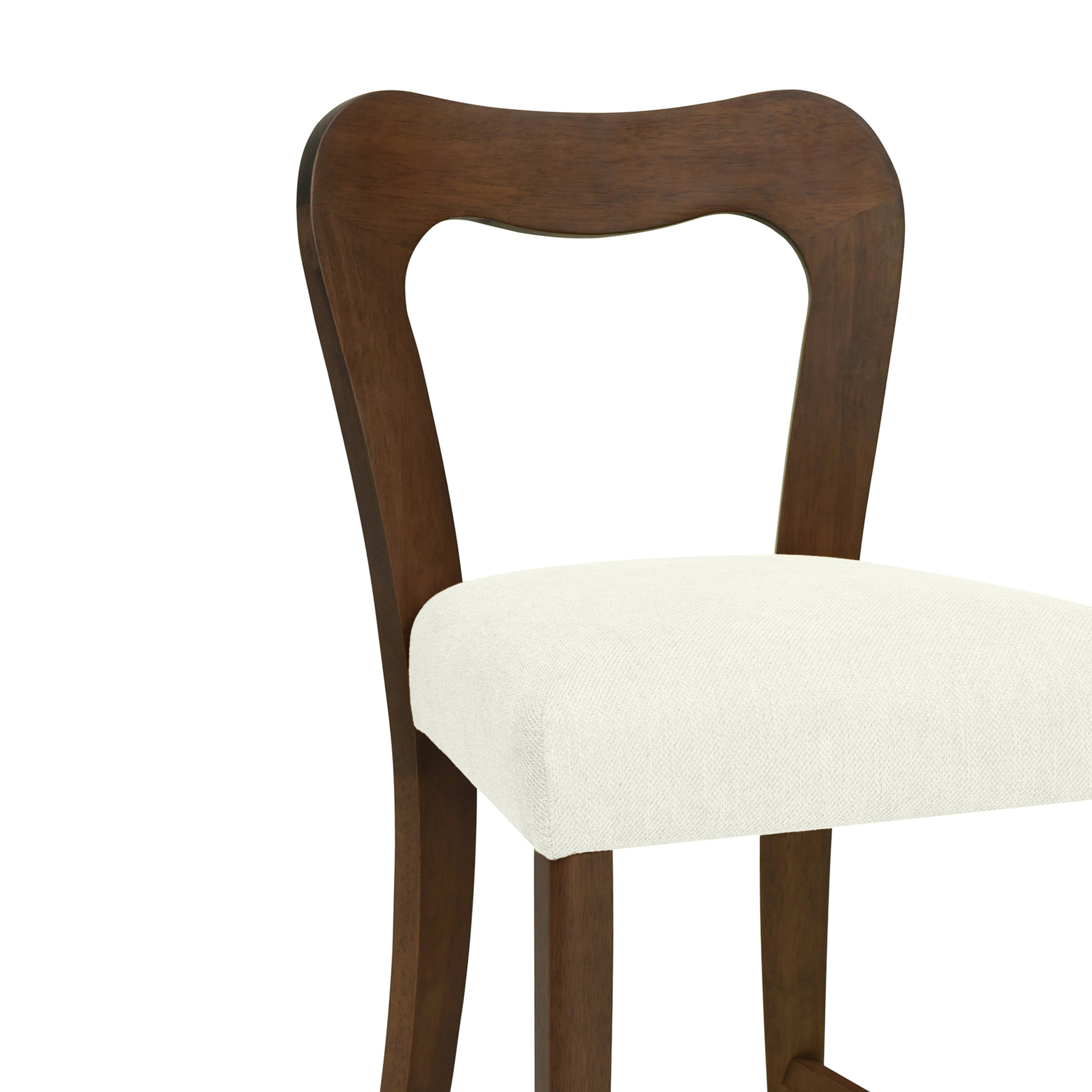 Close-up of Walnut+Beige Counter Stool showing curved wooden backrest and beige cushioned seat. Comfortable and modern design.