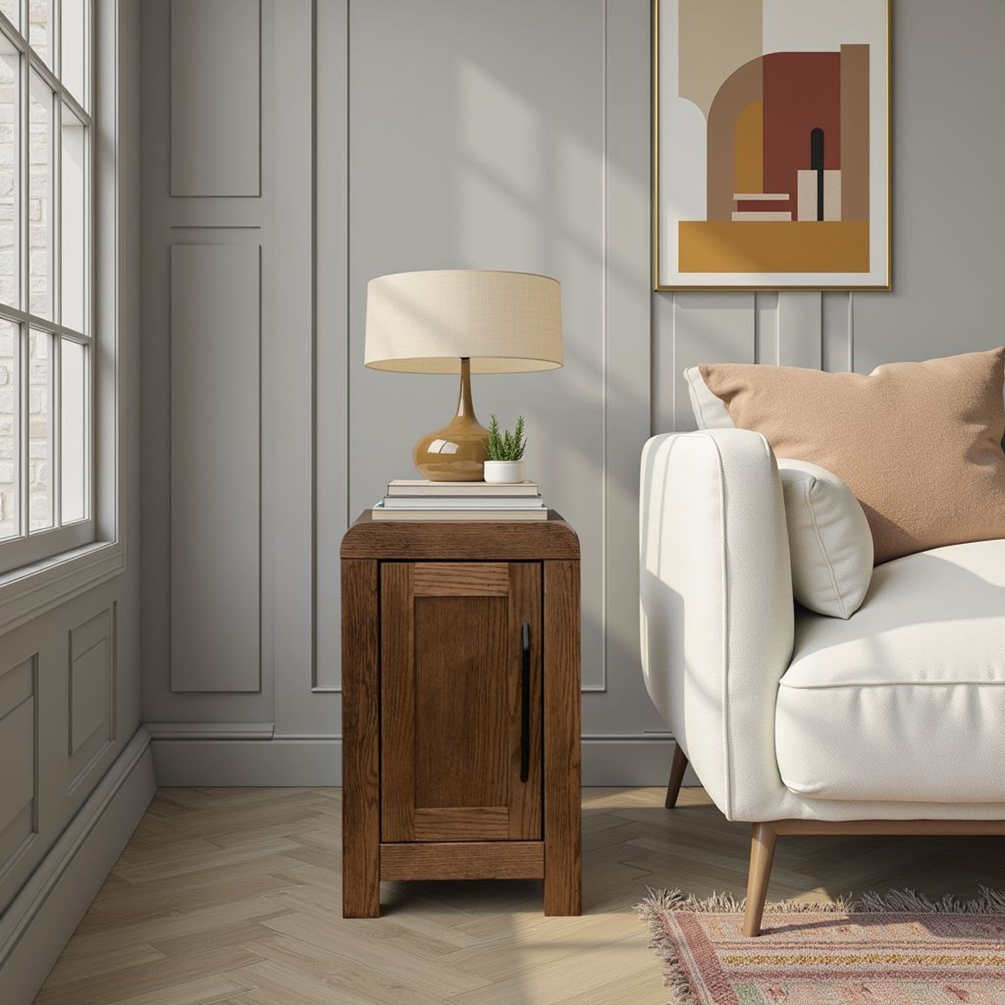 Haven 15 inch Oak Chairside Table with Storage beside a white sofa, styled with a lamp and books. Compact oak table with no assembly required.