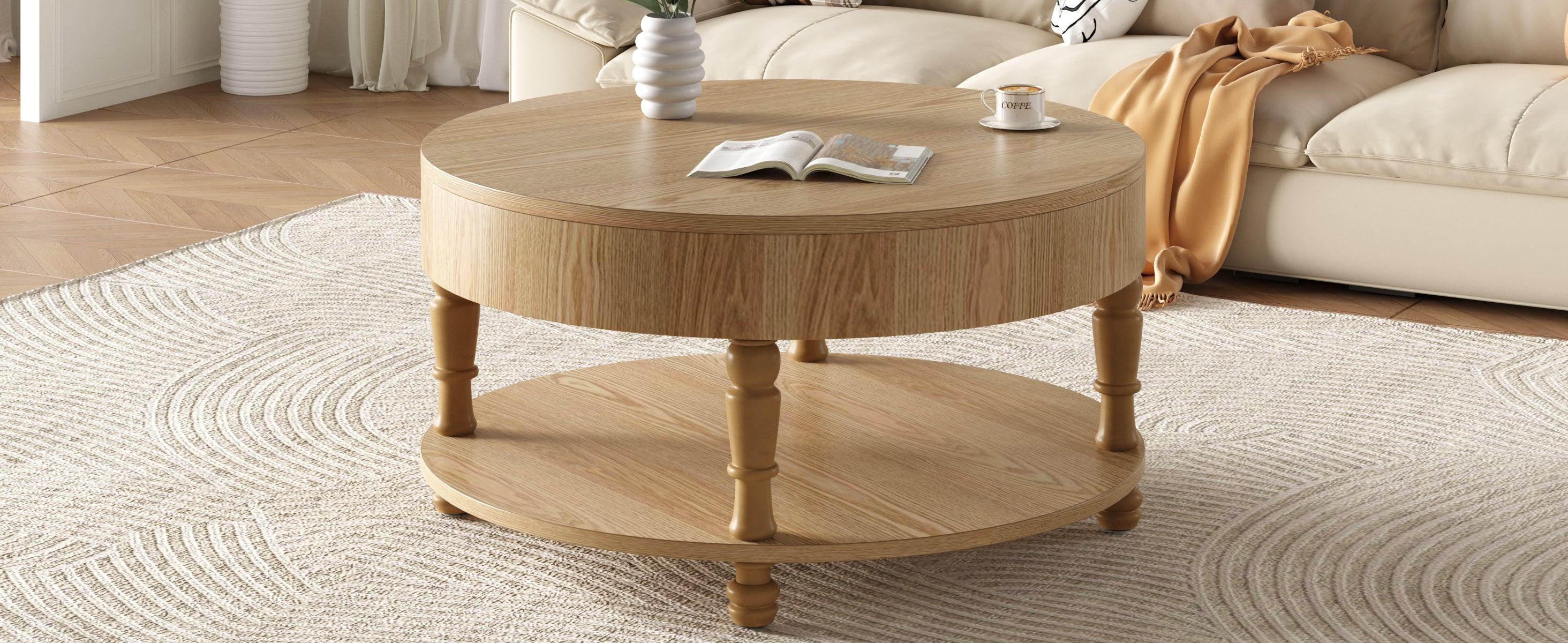 Coffee Table with Dual Storage for Living Room, 31.5' Modern Round Coffee Table with Storage and Hidden Compartment, Adjustable Leveling Feet, Easy Assembly(Natrual Wood).