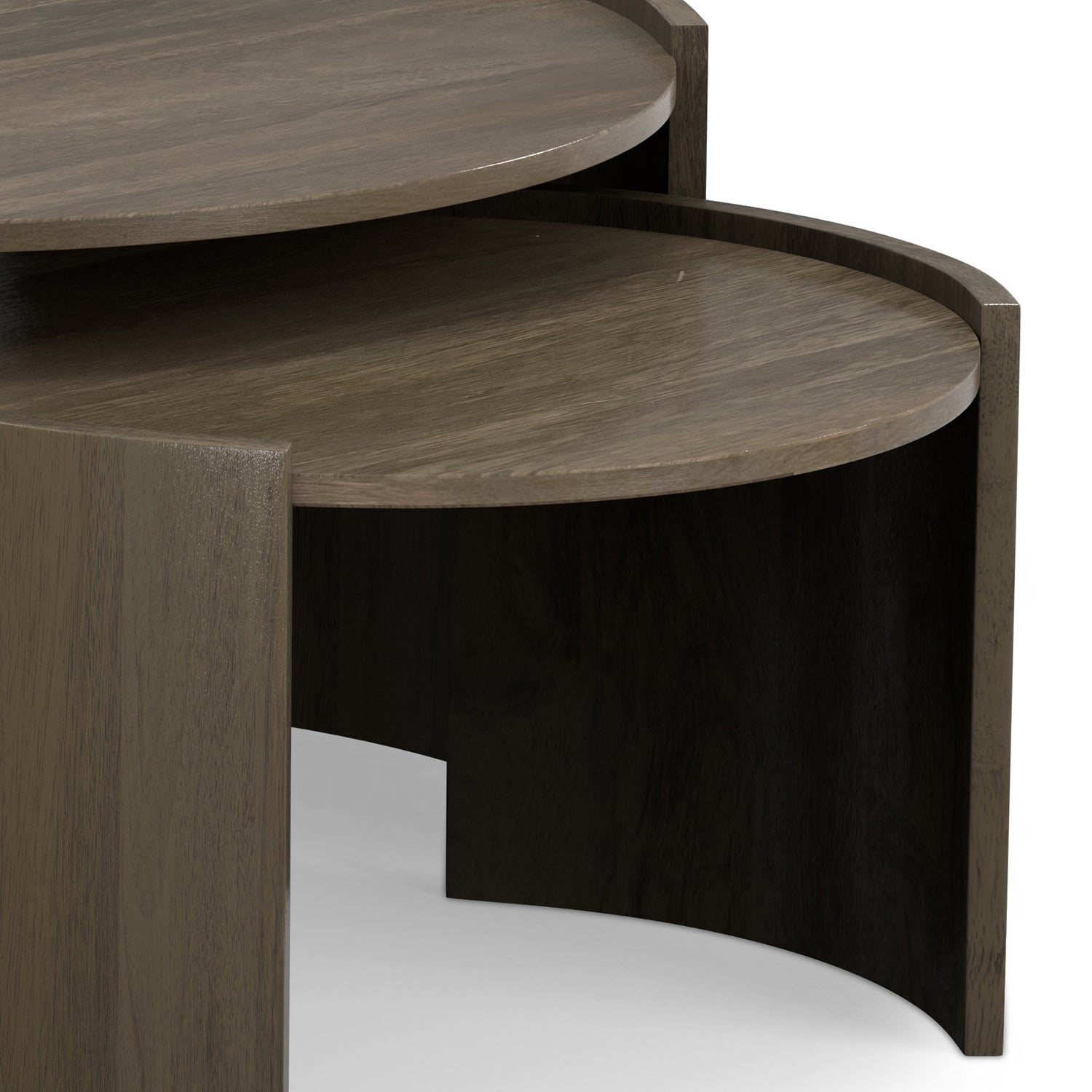 Close-up of Robin Wood Nesting Tables - Ash Grey showing layered nesting functionality and fine wood craftsmanship.