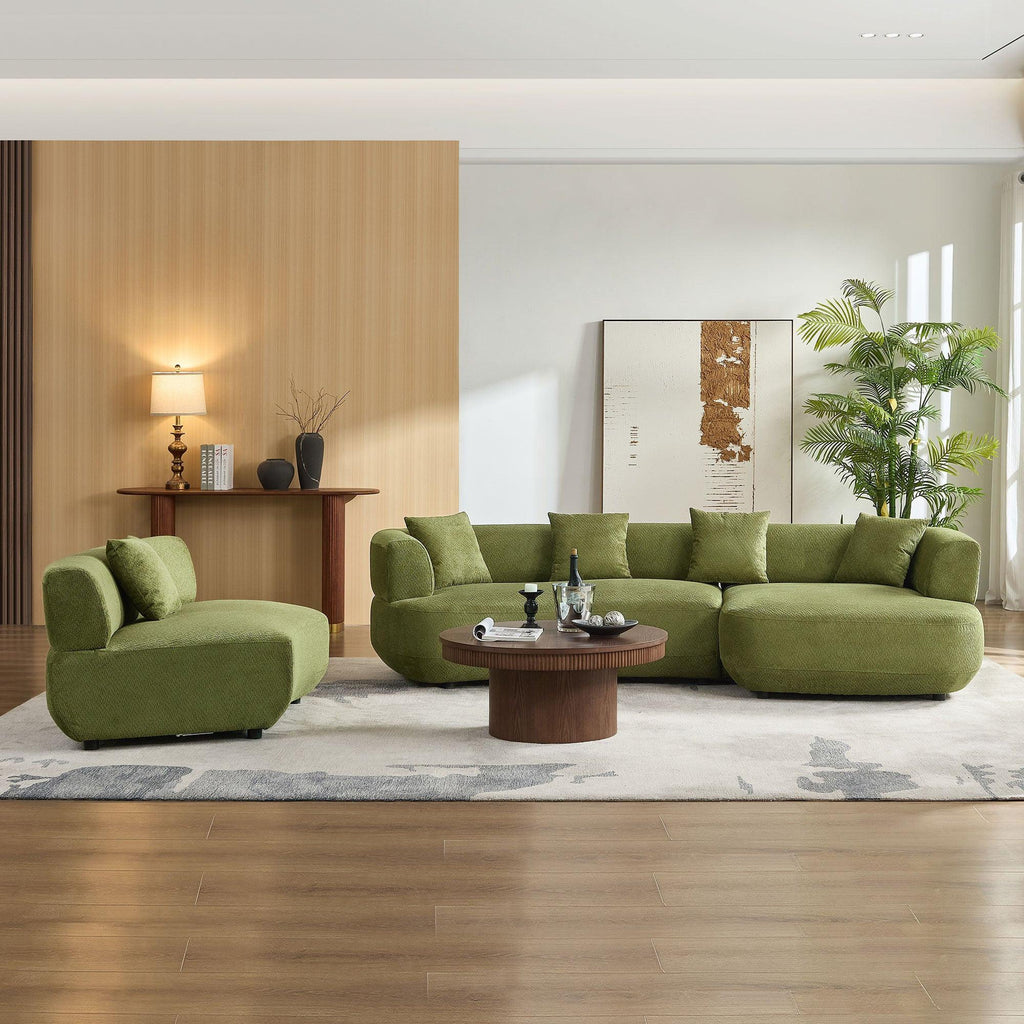 155.91 inch Curved Green Sectional Sofa with 5 Pillows.