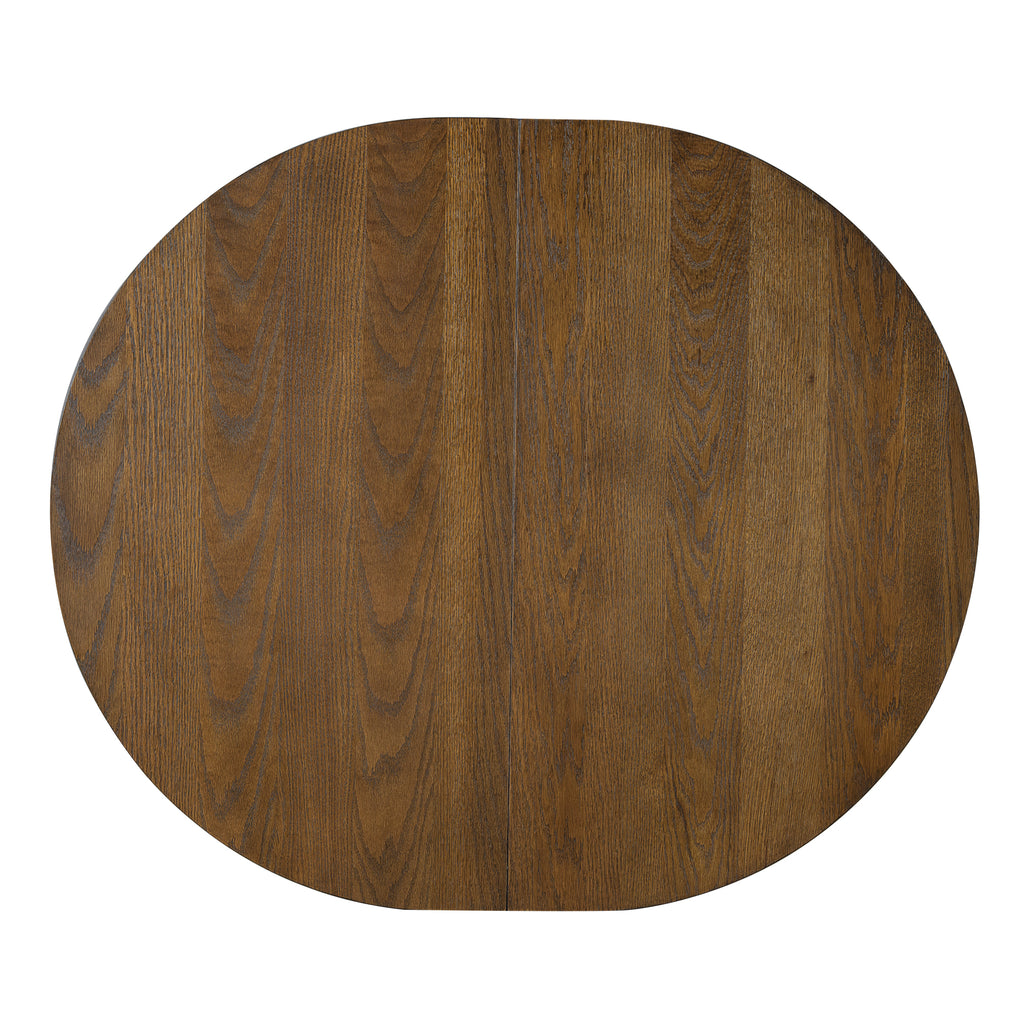 Top view of round Farmhouse Dining Table with rich oak finish, ideal for cozy and stylish dining spaces.