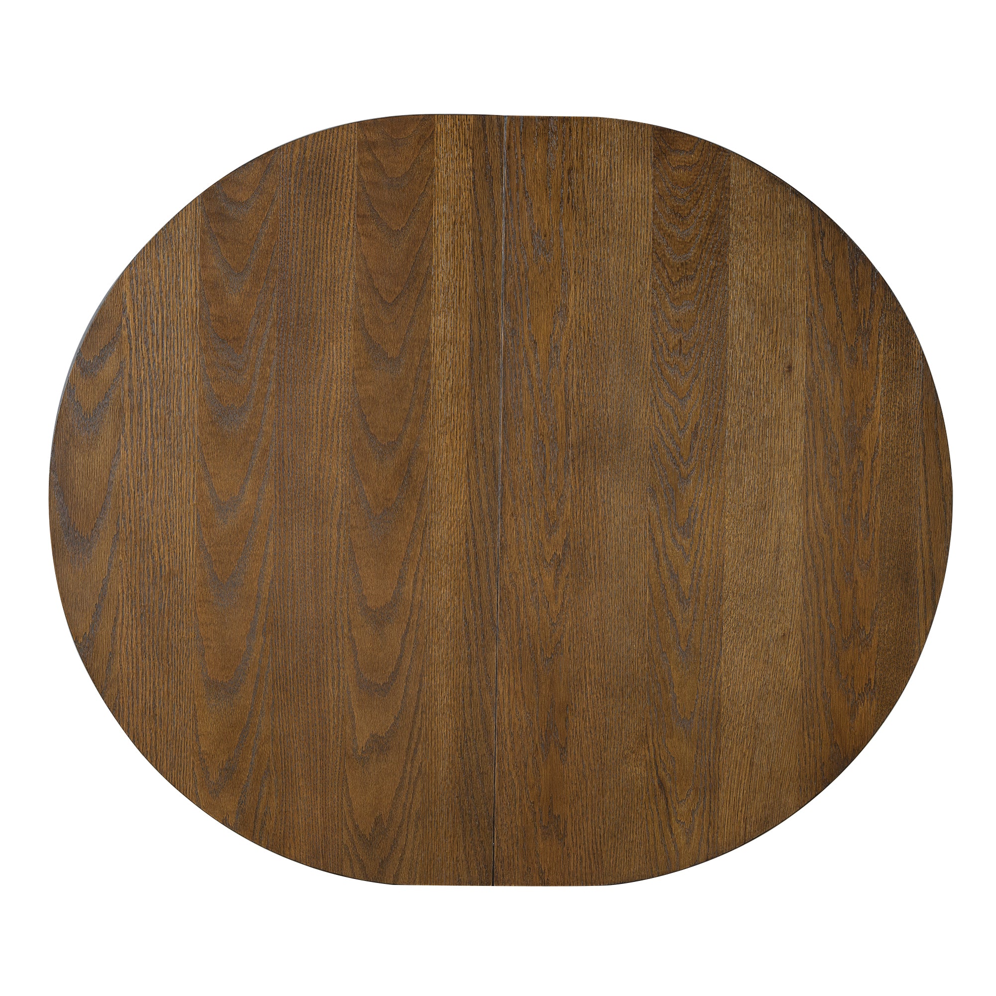 Top view of round Farmhouse Dining Table with rich oak finish, ideal for cozy and stylish dining spaces.