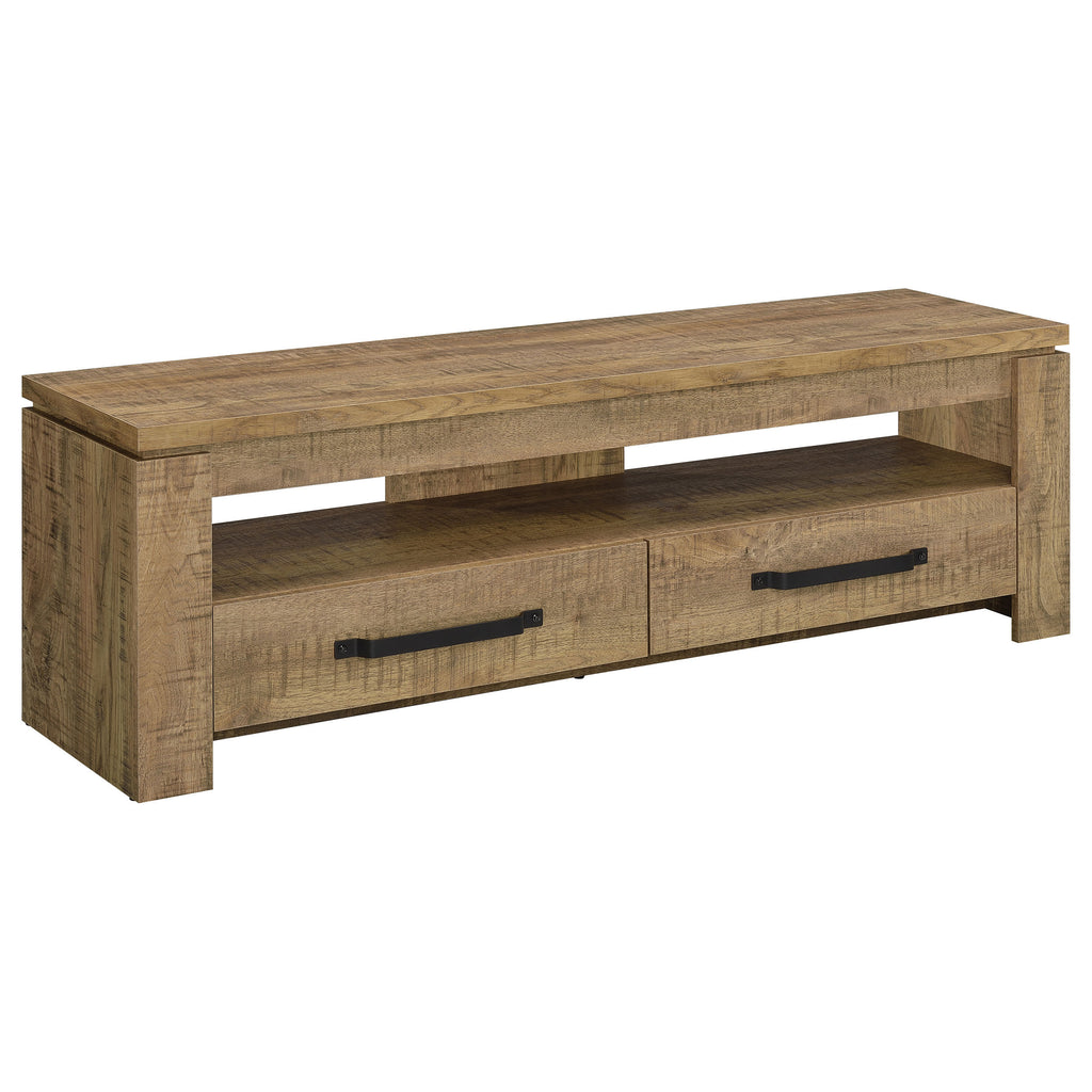 59-inch rustic TV stand in mango-finish engineered wood with an open shelf and two drawers featuring black metal pulls.