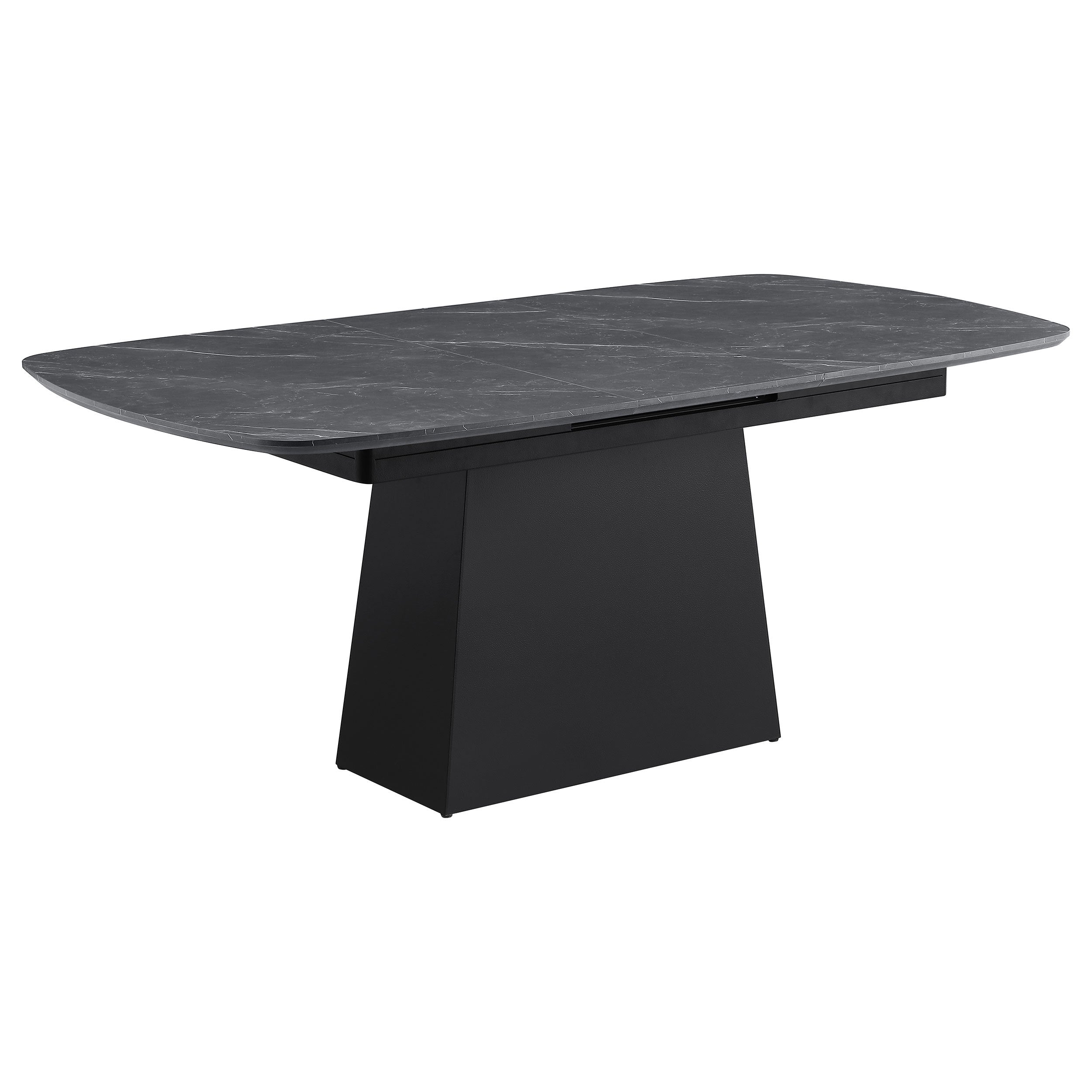Modern dining table with black faux marble top, extension leaf, and a sleek, black tapered metal pedestal base.