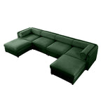 Extra large U-shaped modular sectional sofa in green chenille, featuring storage and two matching bolster pillows.