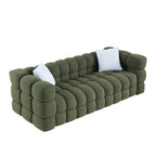 Angled product view of Olive Green Boucle Sofa - 3 Seater, Marshmallow Cozy with deep cushioning and boucle fabric.