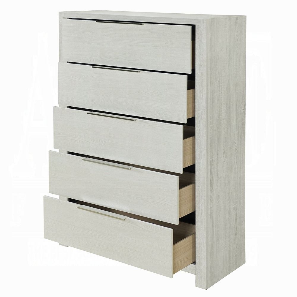 Modern beige bedroom chest with all 5 drawers partially open, highlighting spacious storage and dovetail construction.